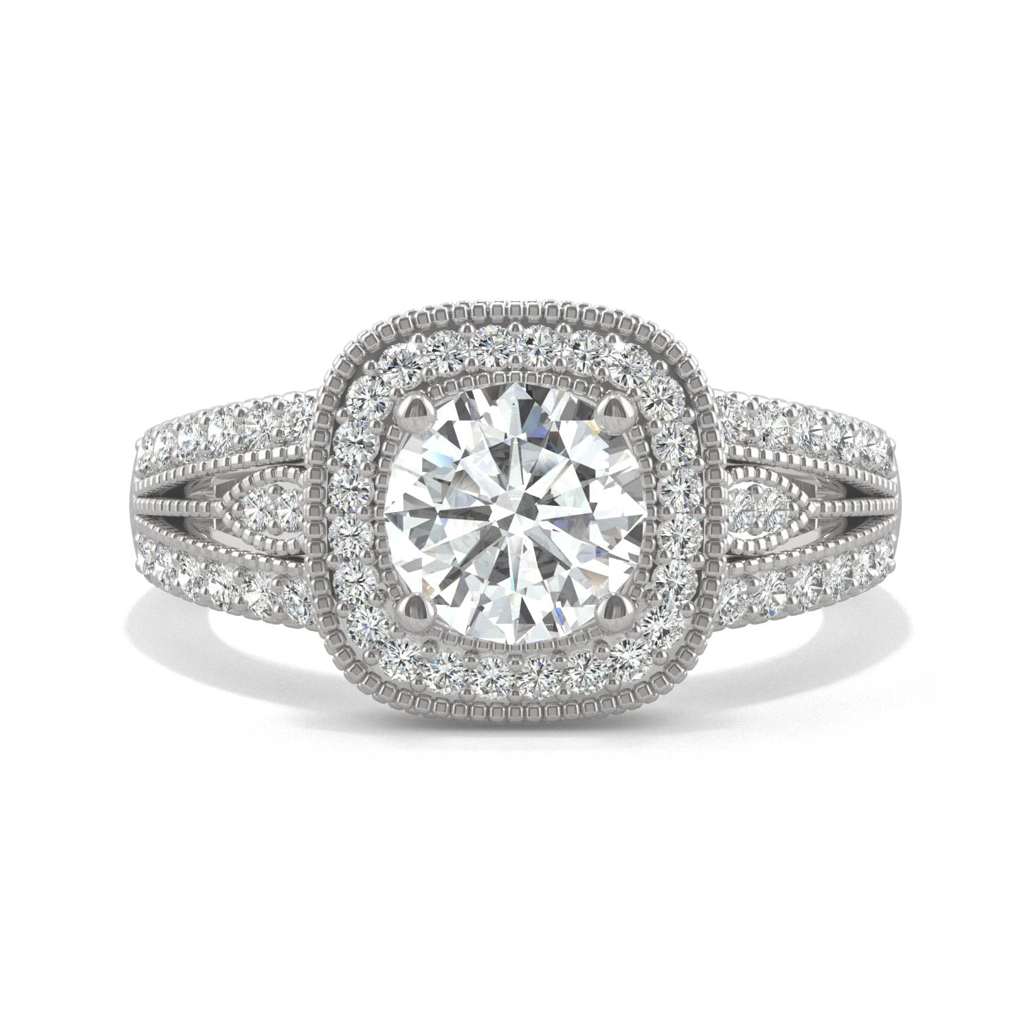 1.47 CTW DEW Round Moissanite Milgrain Accented Halo Engagement Ring in 14K White Gold