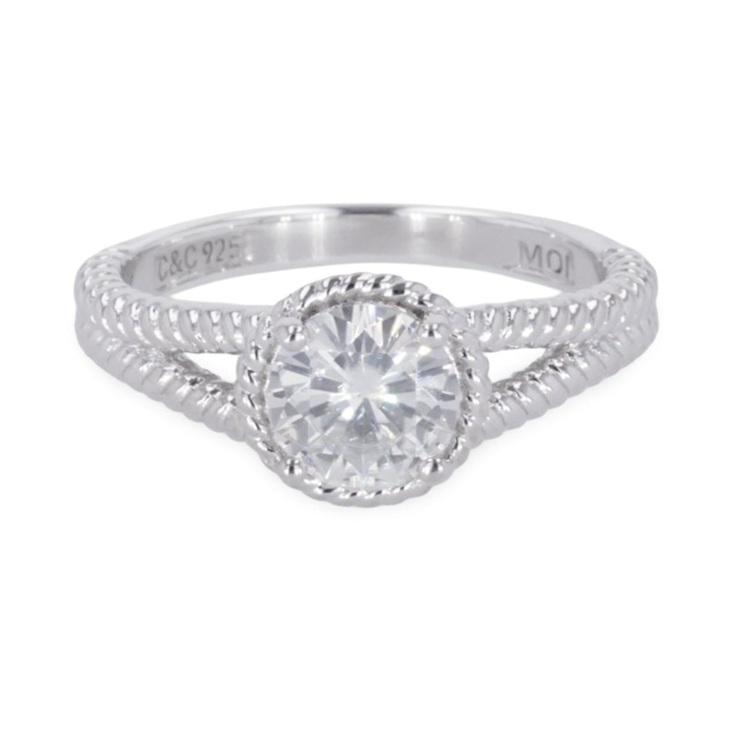 1.00 CTW DEW Round Moissanite Split-Shank Engagement Ring in Sterling Silver