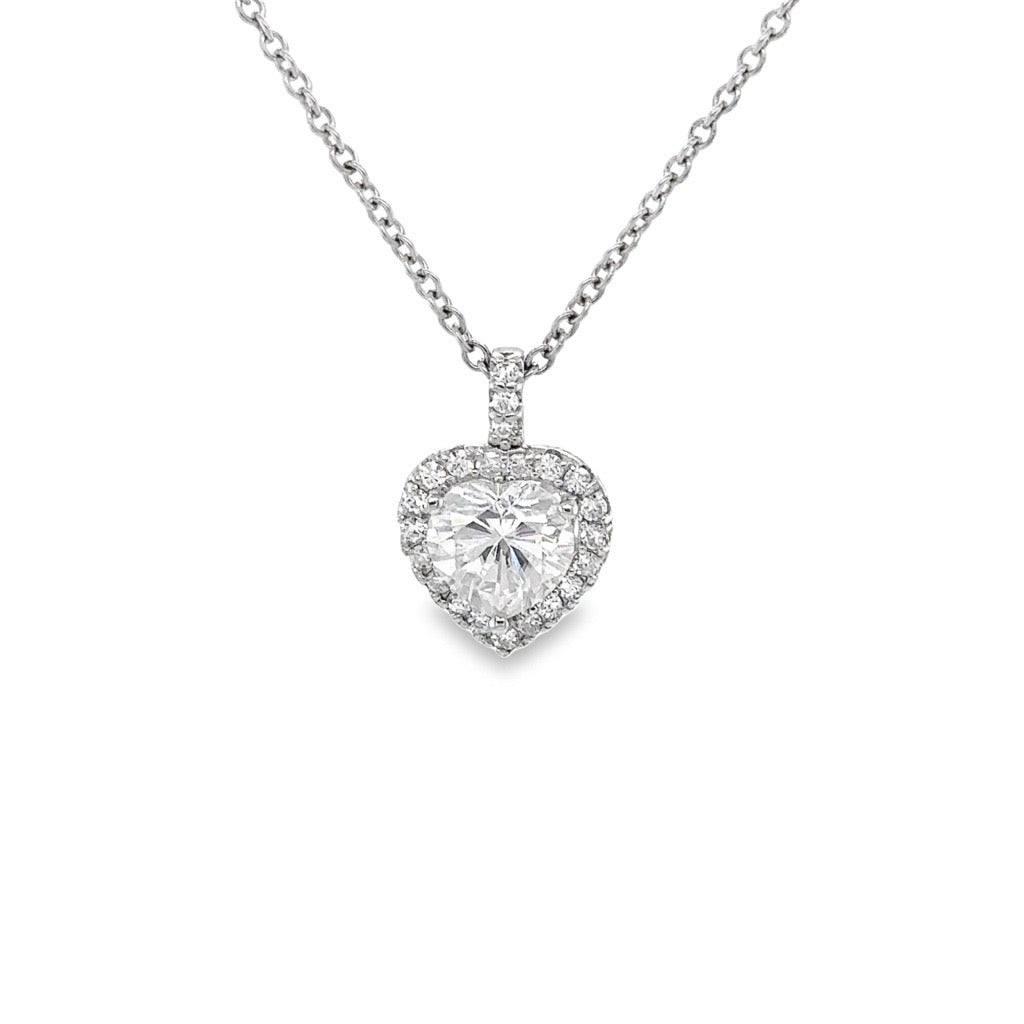 2.13 CTW DEW Heart Near-Colorless Moissanite Halo Pendant in 14K White Gold