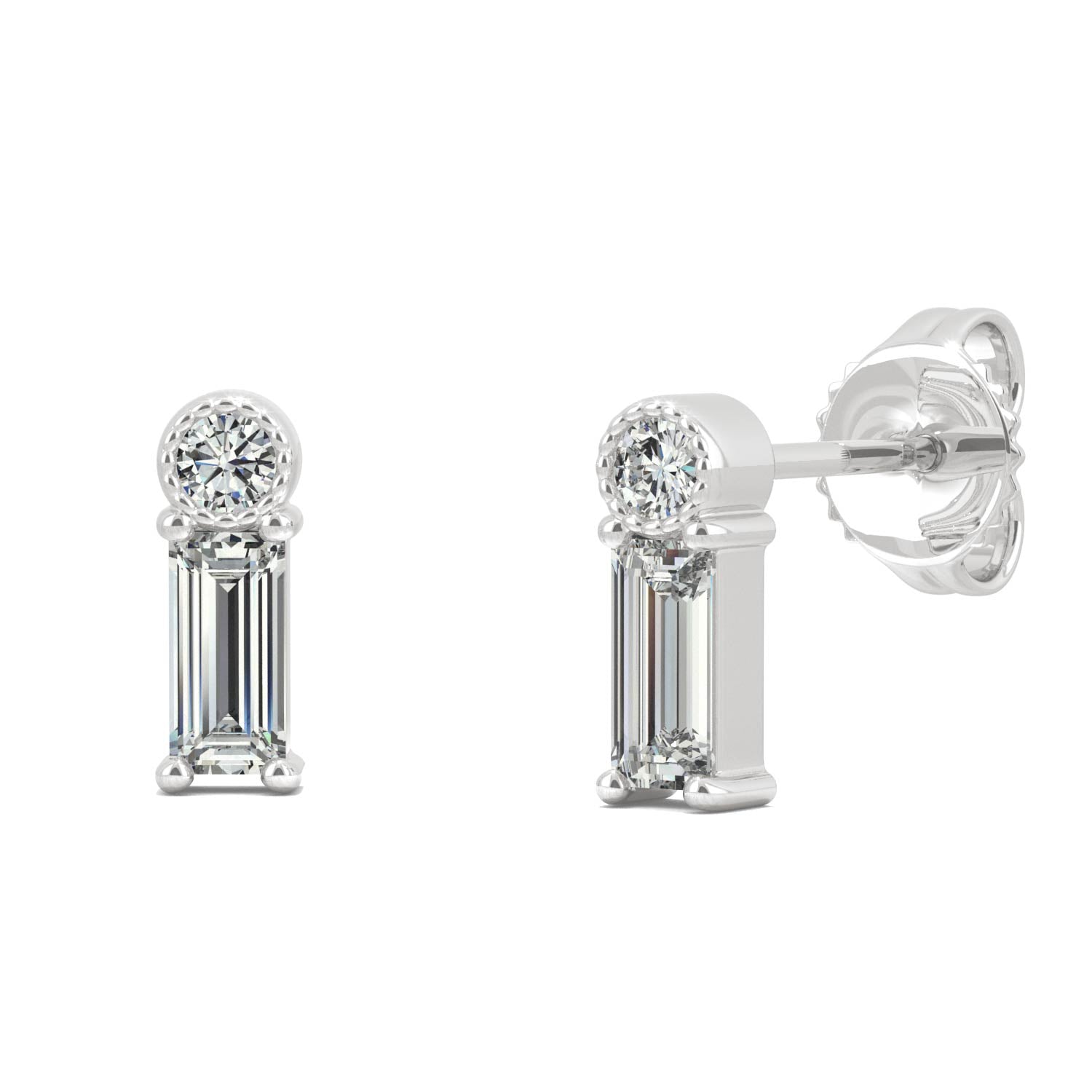 0.29 CTW DEW Round and Baguette Moissanite Stud Drop Earrings in 10K White Gold
