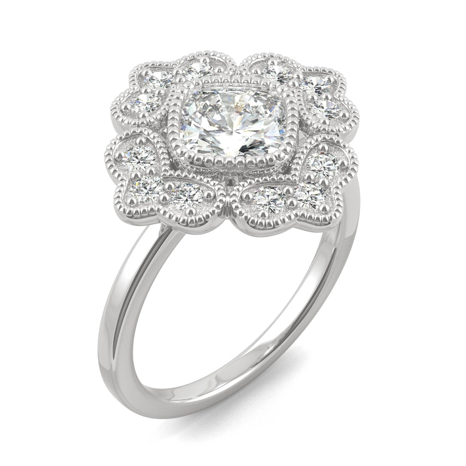 1.40 CTW DEW Cushion Moissanite Floral Milgrain Halo Ring in 14K White Gold