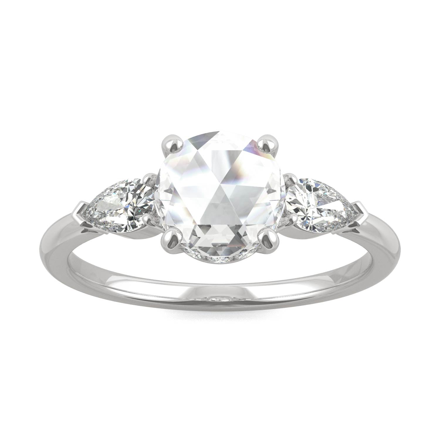 1.08 CTW DEW Round Rose-Cut and Pear Moissanite East-West Three-Stone Engagement Ring in 14K White Gold