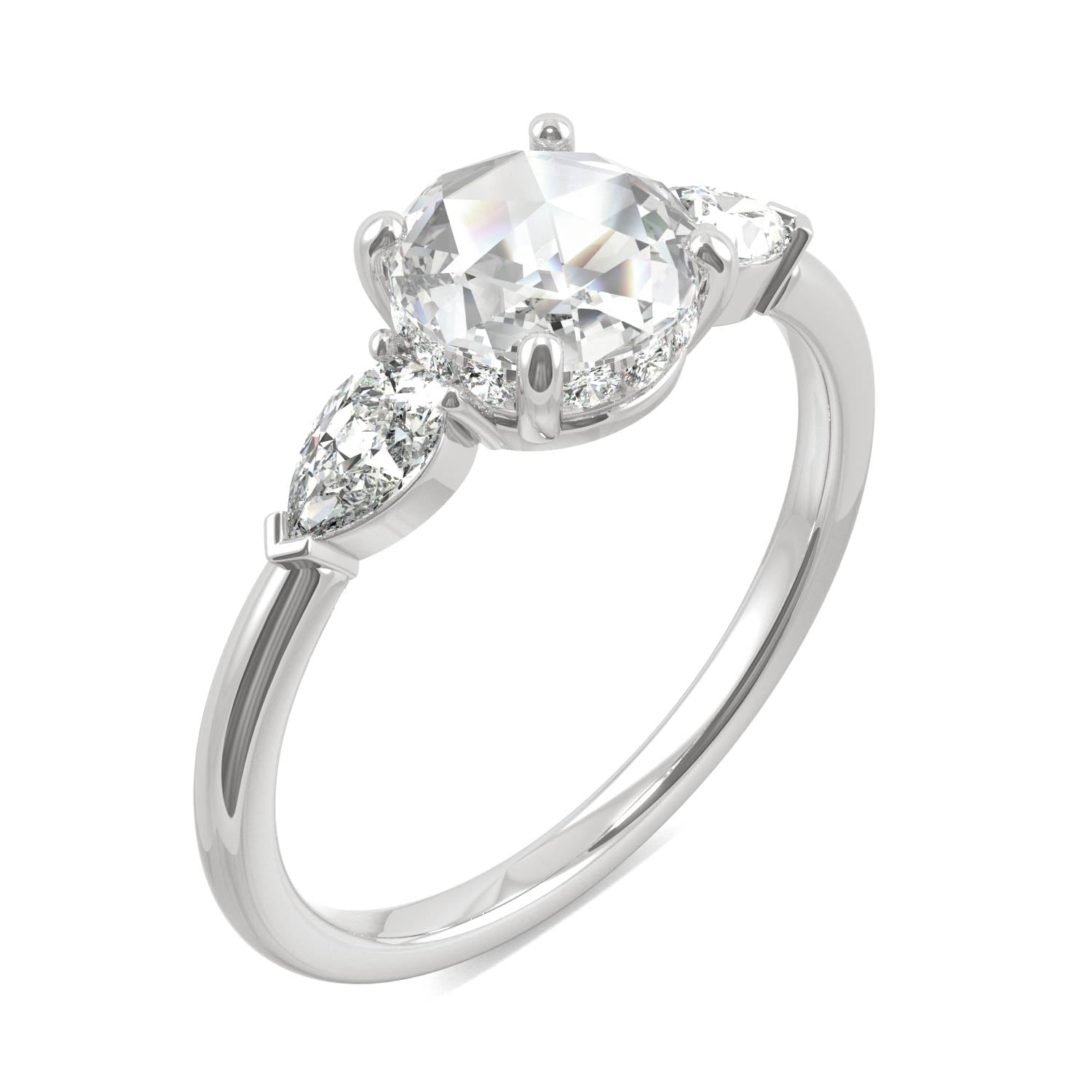 1.08 CTW DEW Round Rose-Cut and Pear Moissanite East-West Three-Stone Engagement Ring in 14K White Gold