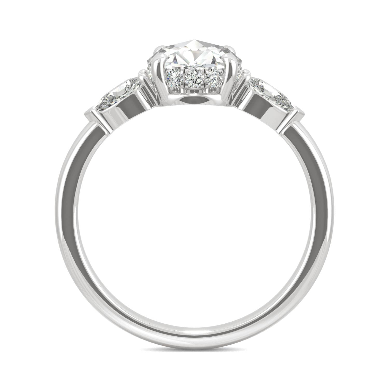 1.08 CTW DEW Round Rose-Cut and Pear Moissanite East-West Three-Stone Engagement Ring in 14K White Gold