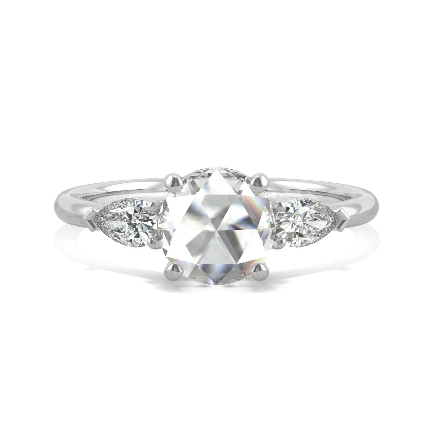 1.08 CTW DEW Round Rose-Cut and Pear Moissanite East-West Three-Stone Engagement Ring in 14K White Gold