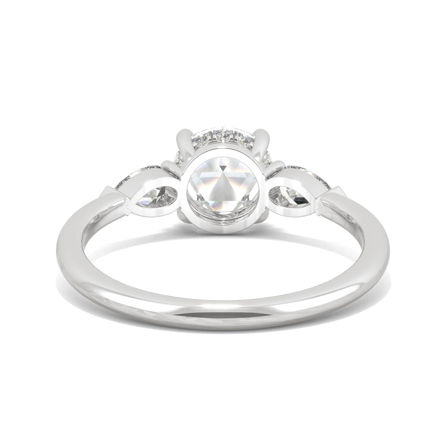 1.08 CTW DEW Round Rose-Cut and Pear Moissanite East-West Three-Stone Engagement Ring in 14K White Gold