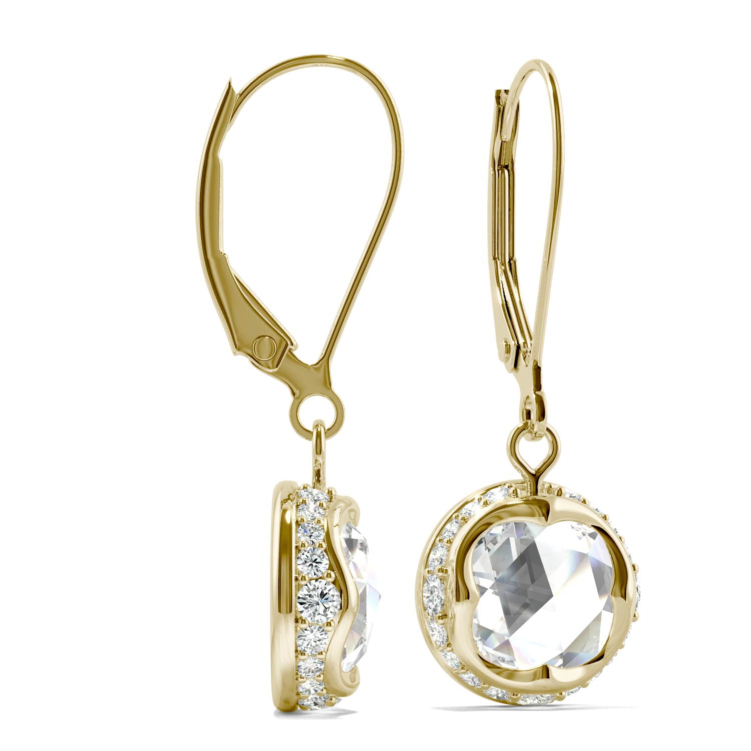 1.25 CTW DEW Round Rose Cut Moissanite Drop Earrings in 14K Yellow Gold