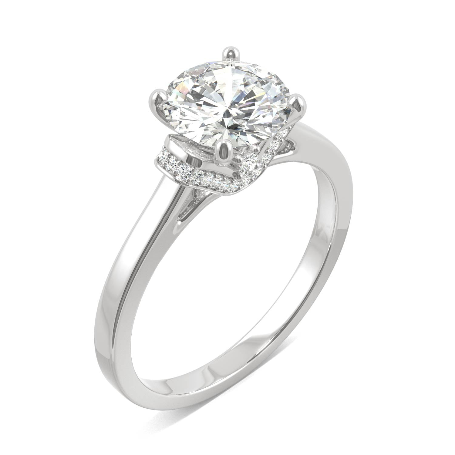 1.59 CTW DEW Round Moissanite Cathedral Accented Engagement Ring in 14K White Gold
