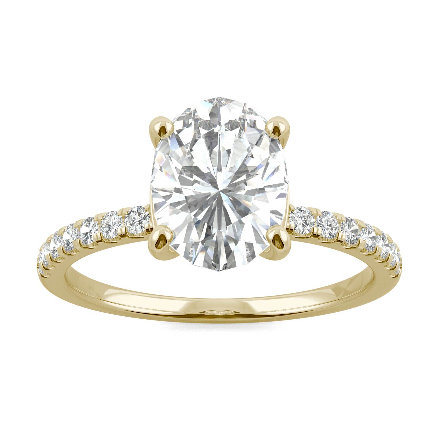 2.34 CTW DEW Oval Moissanite Side-Stone Engagement Ring in 14K Yellow Gold