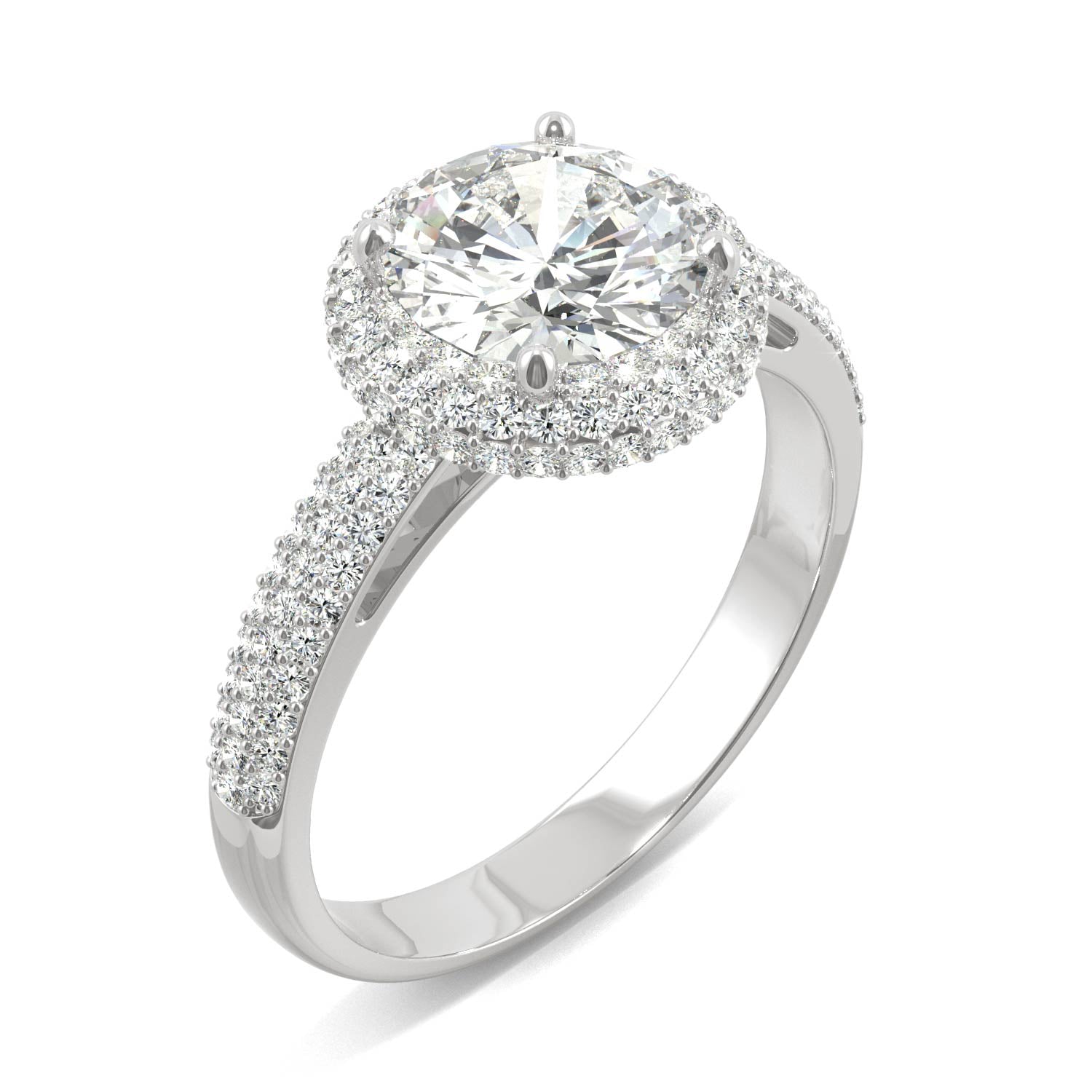 1.78 CTW DEW Round Moissanite Three Row Pavé Halo Engagement Ring in 14K White Gold