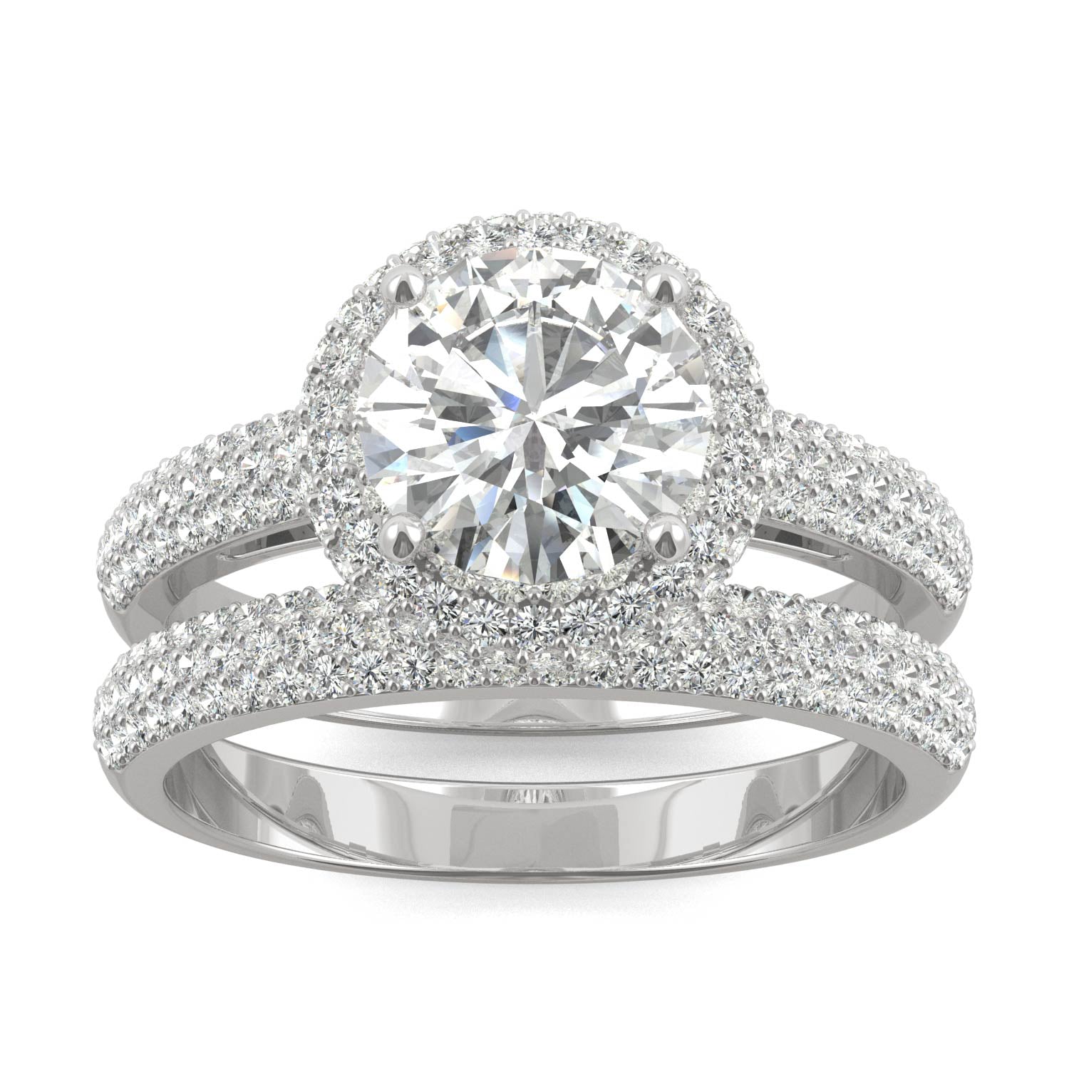 2.11 CTW DEW 14K White Gold Round Moissanite Pave Halo Bridal Set