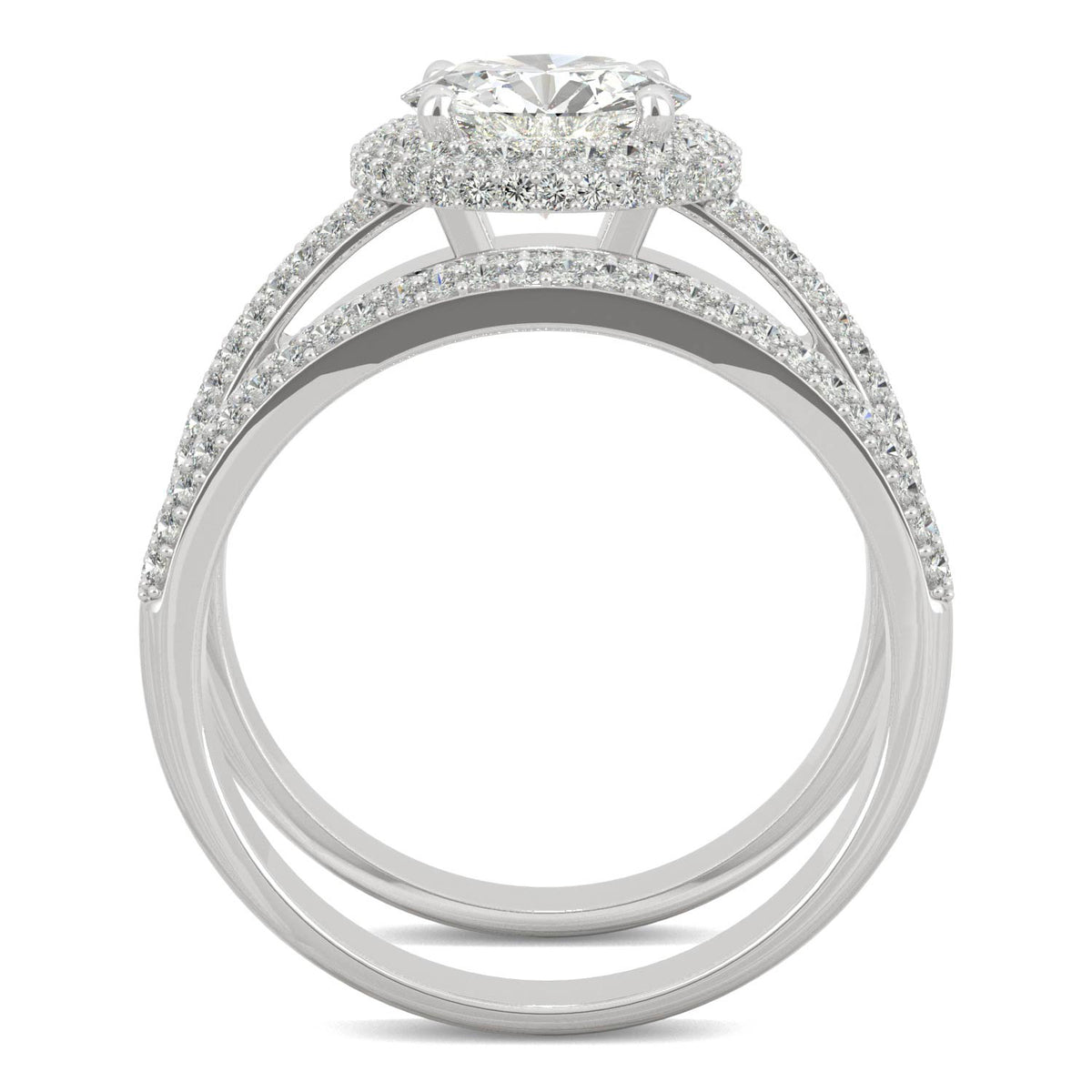 2.11 CTW DEW 14K White Gold Round Moissanite Pave Halo Bridal Set