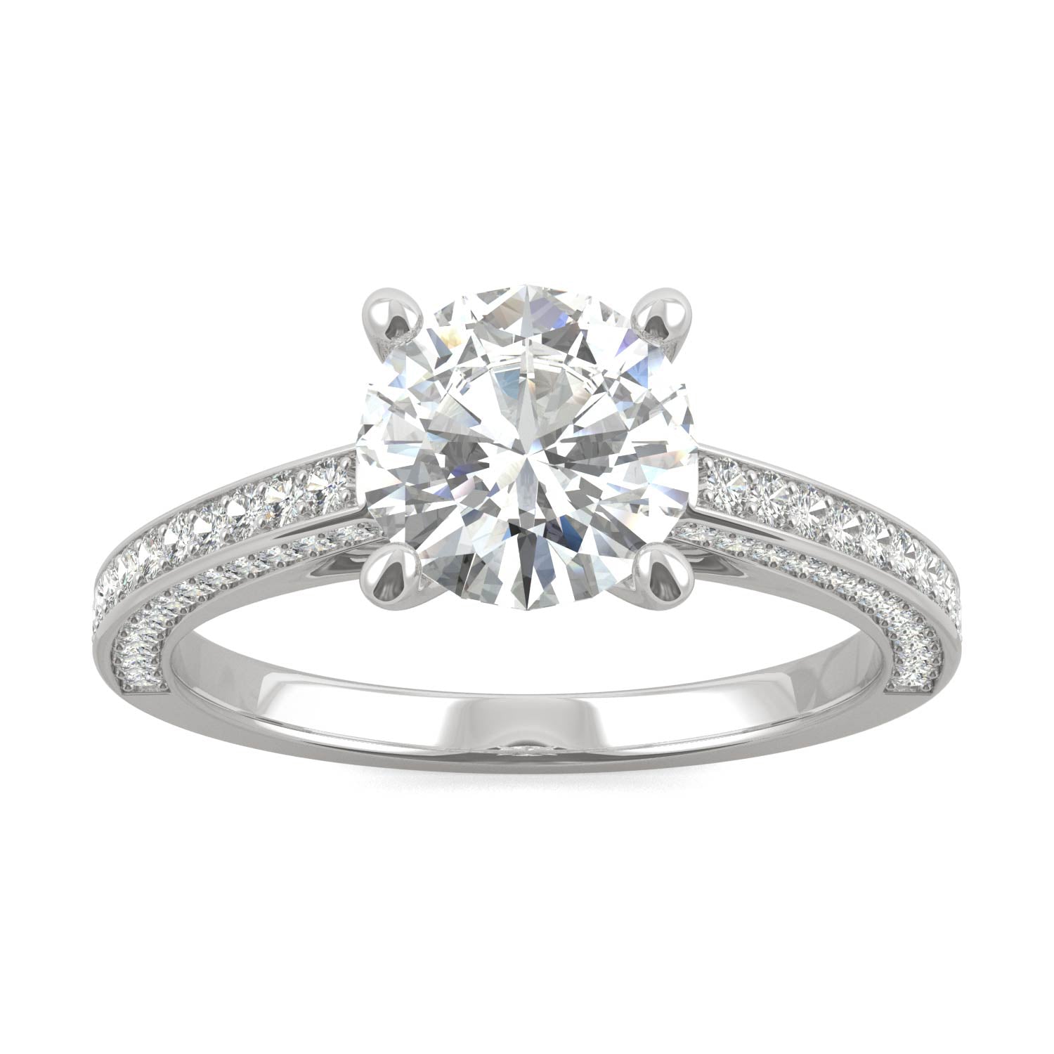 2.10 CTW DEW Round Moissanite Three-Sided Cathedral Engagement Ring in 14K White Gold