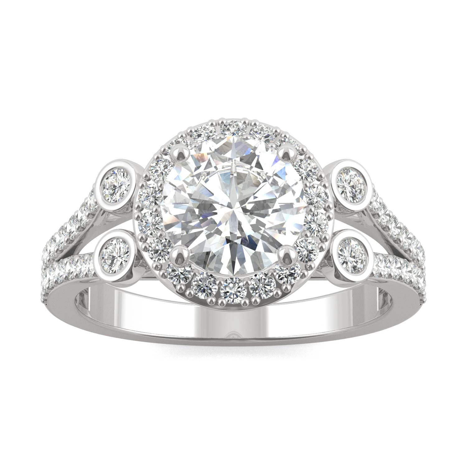 1.78 CTW DEW Round Moissanite Accented Halo Engagement Ring in 14K White Gold
