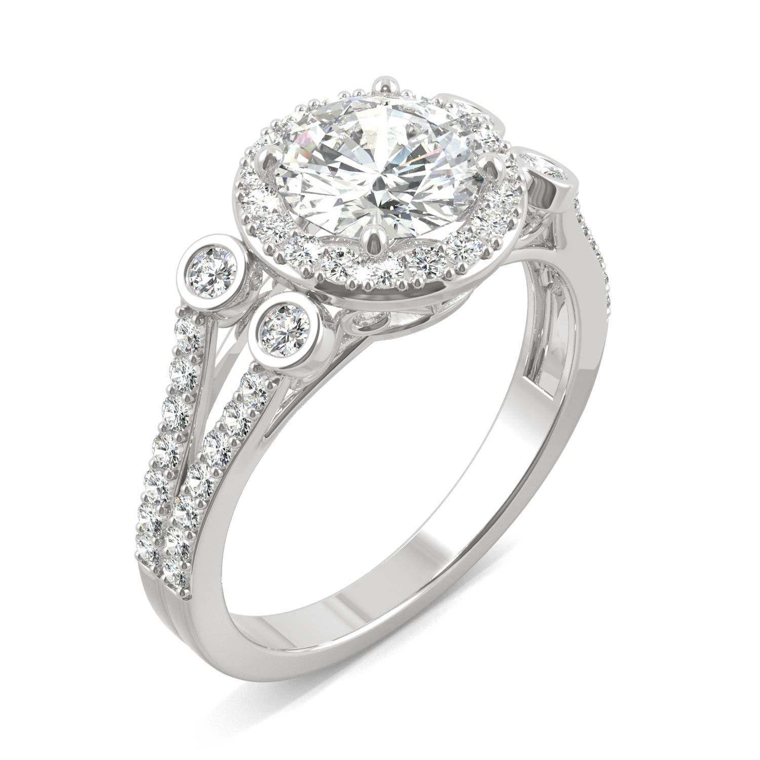 1.78 CTW DEW Round Moissanite Accented Halo Engagement Ring in 14K White Gold