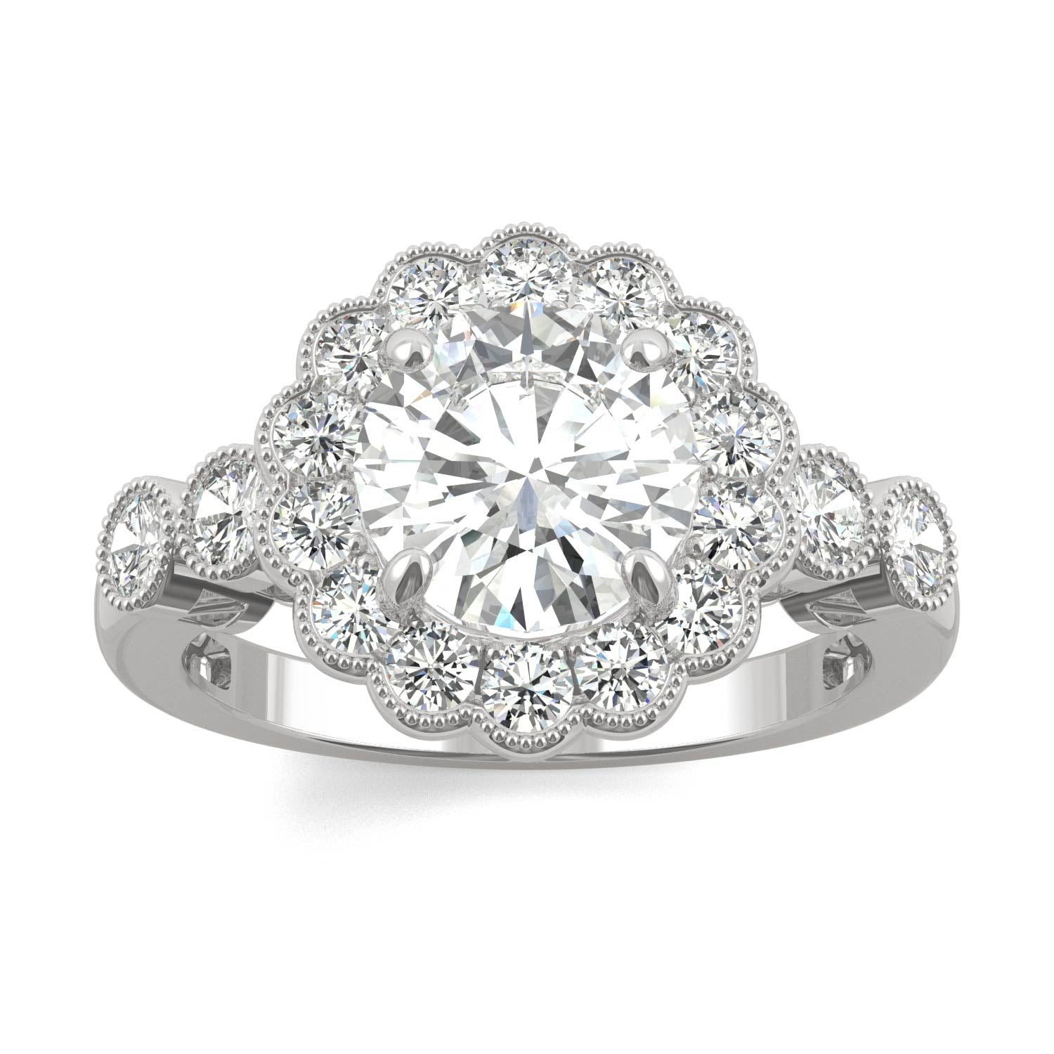 2.56 CTW DEW Round Moissanite Milgrain Accented Halo Engagement Ring in 14K White Gold