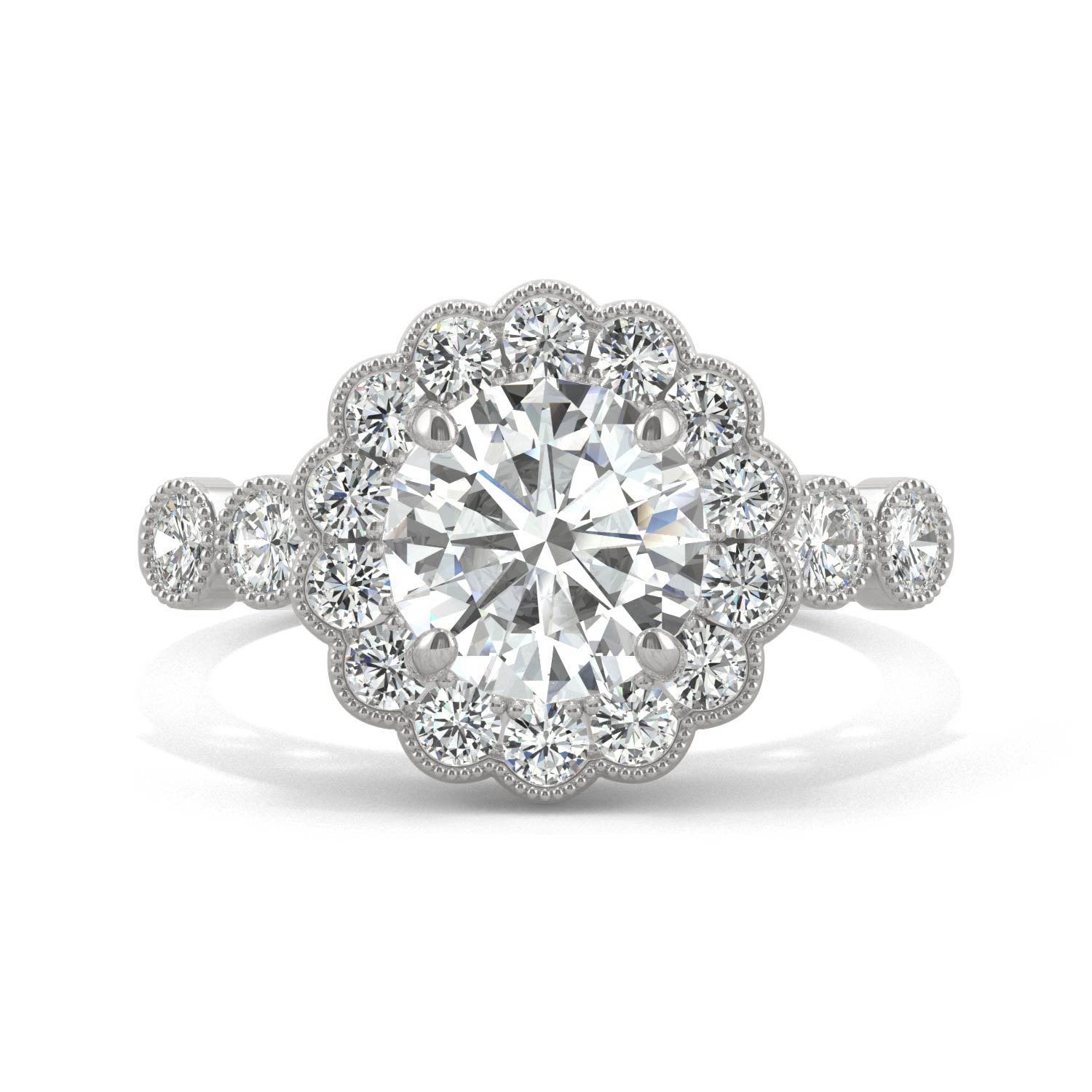 2.56 CTW DEW Round Moissanite Milgrain Accented Halo Engagement Ring in 14K White Gold