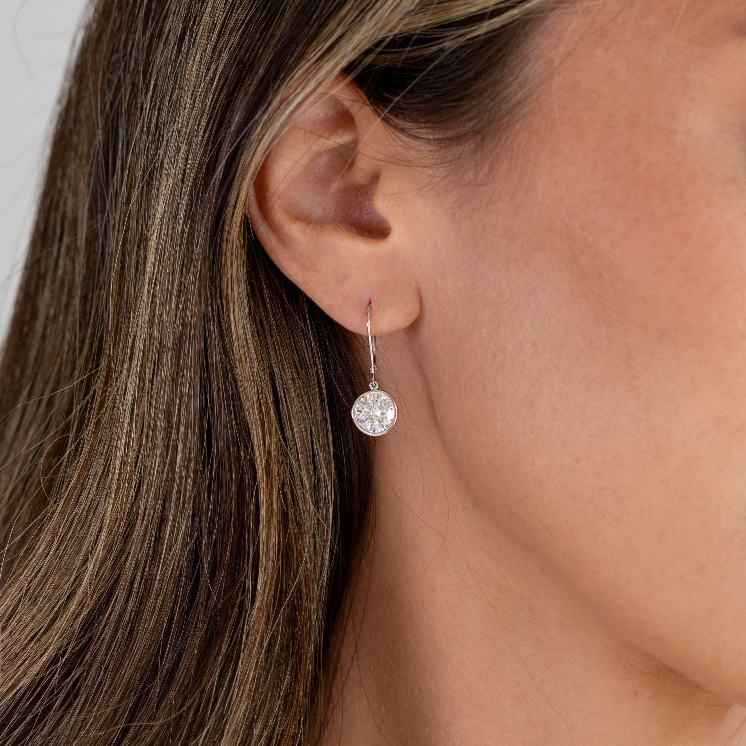 3.80 CTW DEW Round Moissanite Bezel Drop Earrings in 14K White Gold