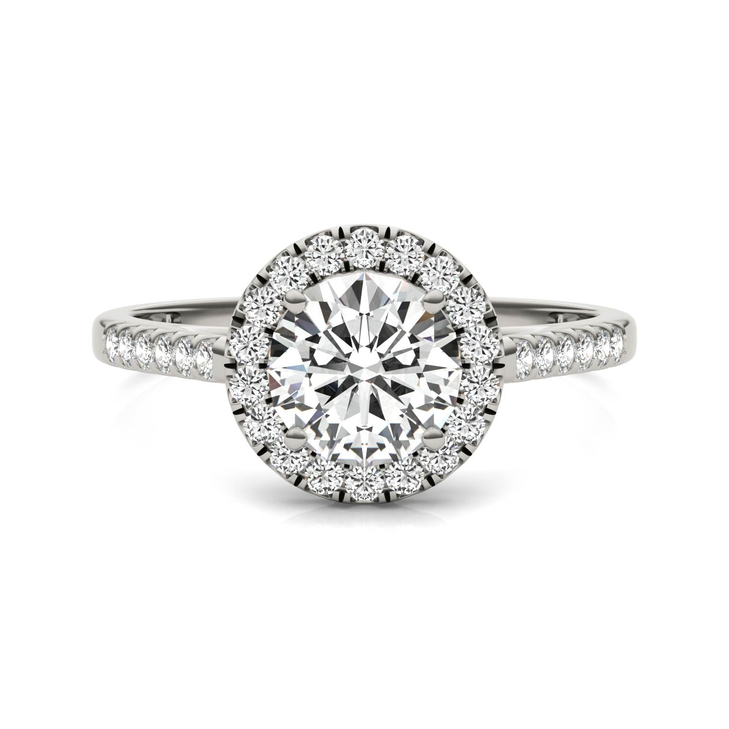 1.45 CTW DEW Round Moissanite Accented Halo Engagement Ring in 14K White Gold
