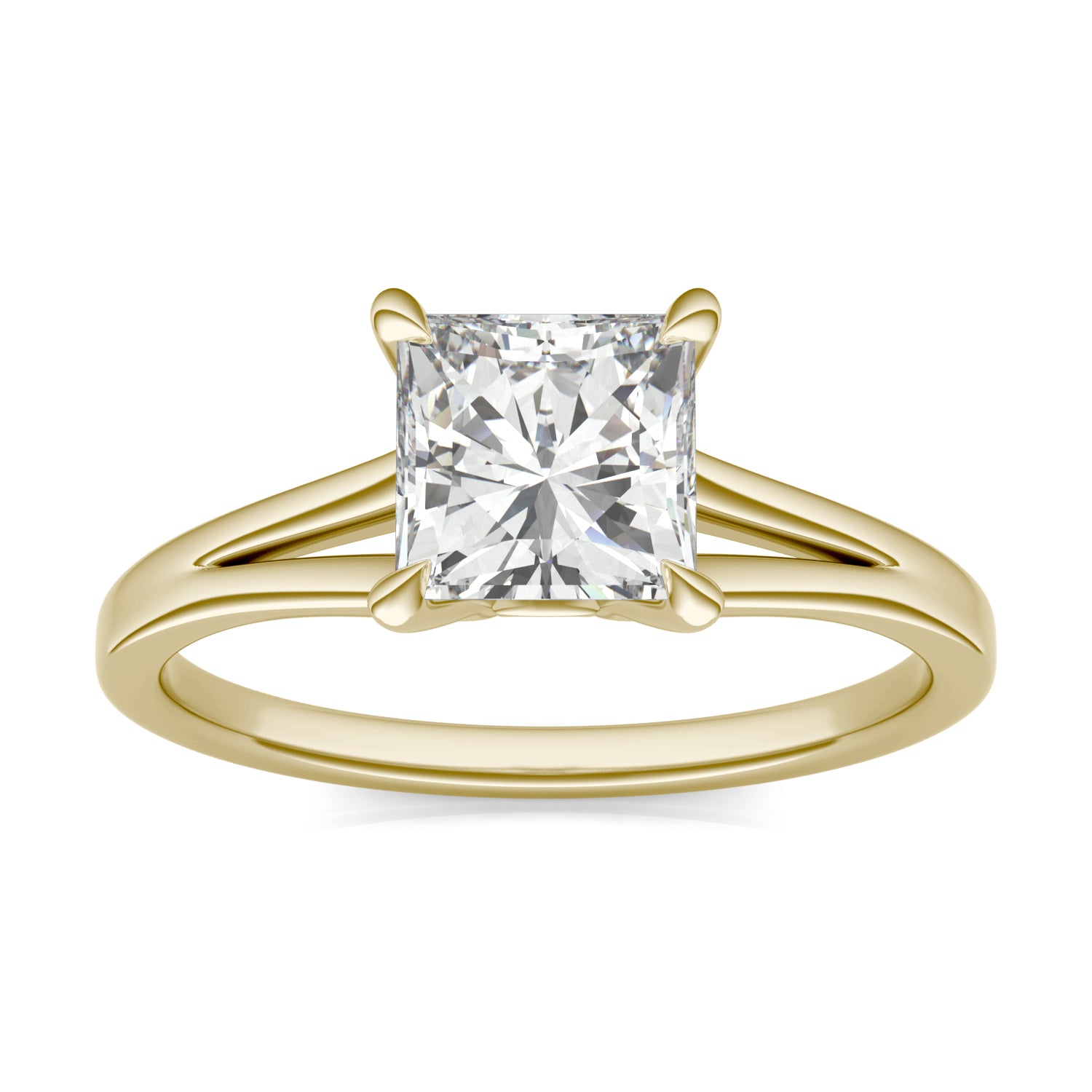 1.26 CTW DEW Princess Moissanite Split Shank Solitaire Engagement Ring in 14K Yellow Gold