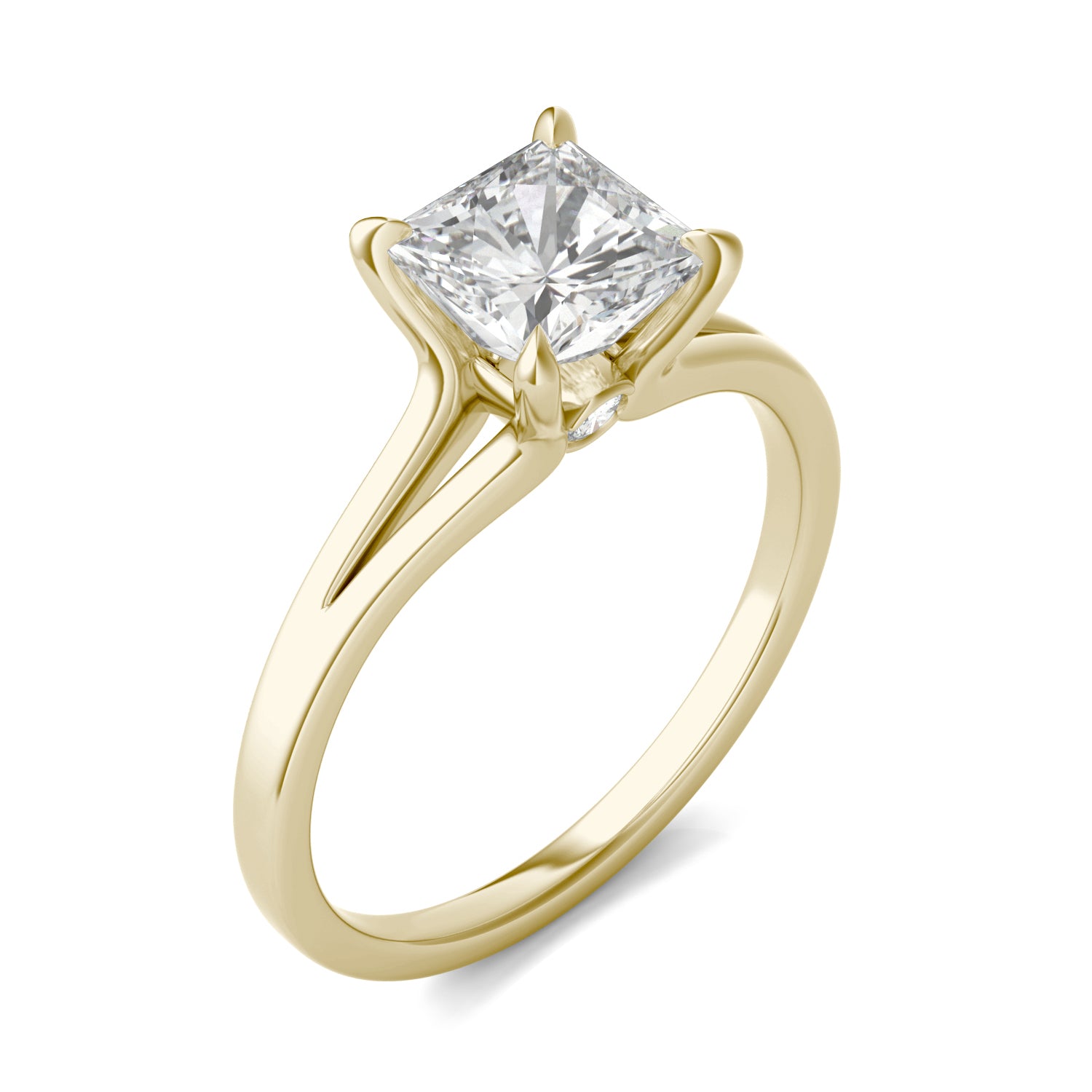 1.26 CTW DEW Princess Moissanite Split Shank Solitaire Engagement Ring in 14K Yellow Gold