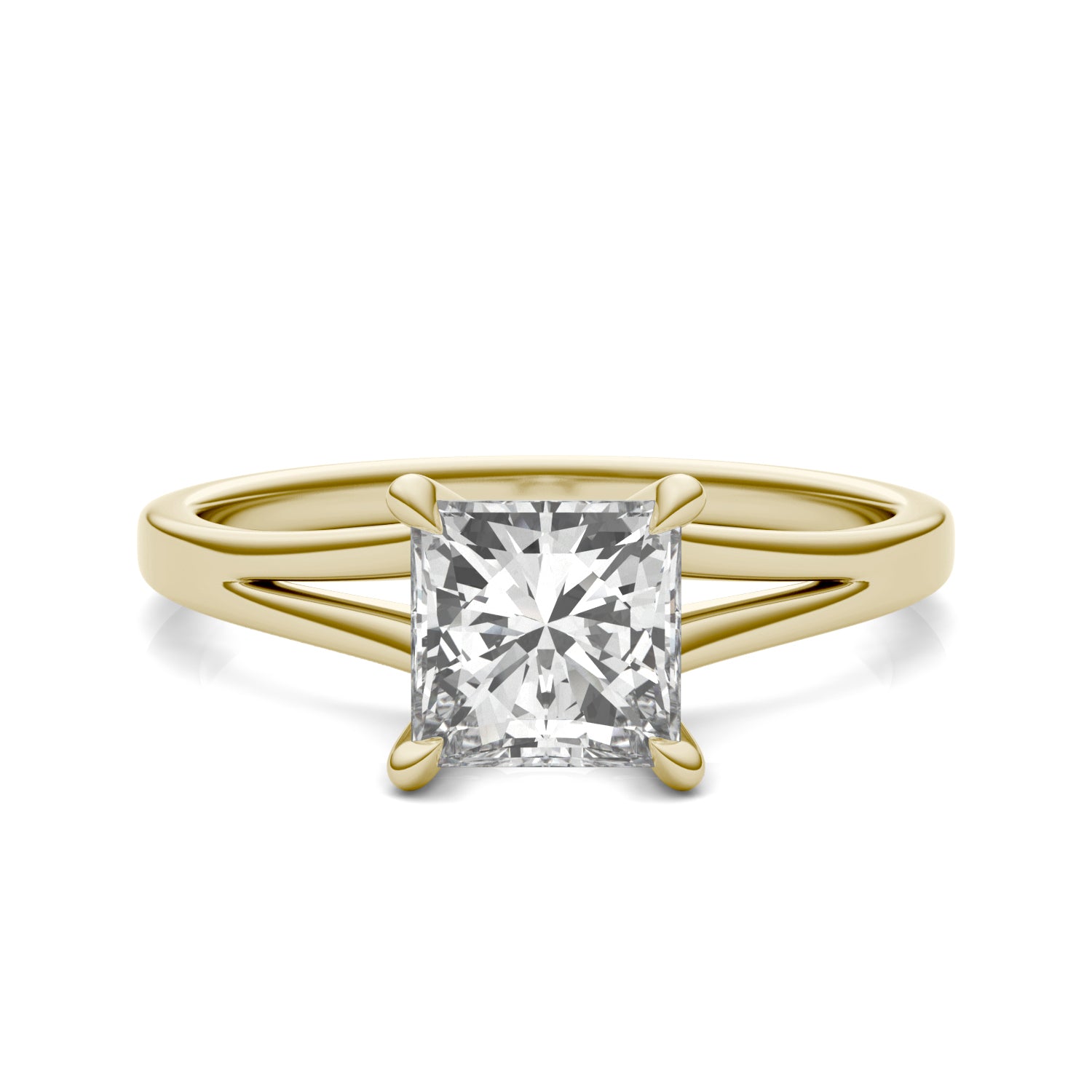 1.26 CTW DEW Princess Moissanite Split Shank Solitaire Engagement Ring in 14K Yellow Gold