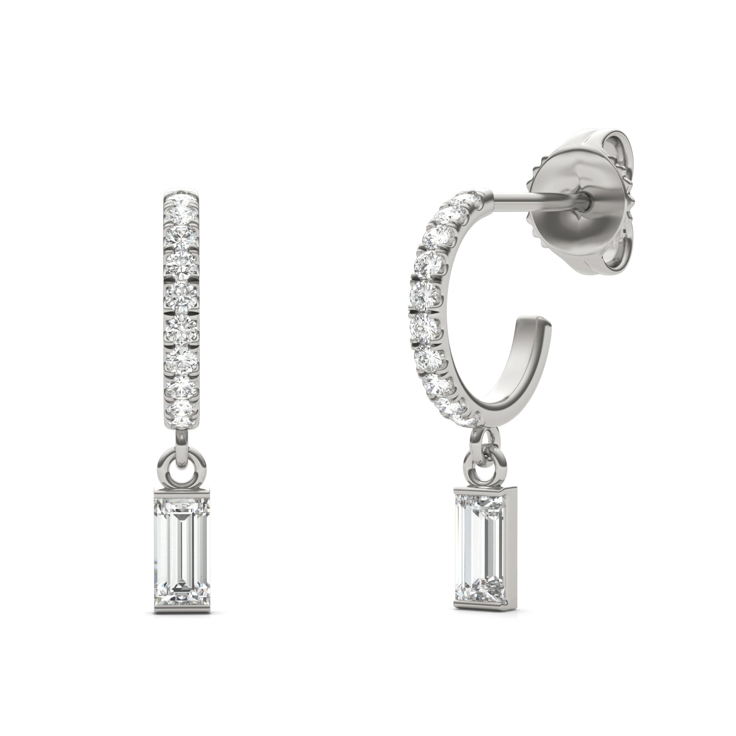 0.37 CTW DEW Straight Baguette Moissanite Hoop Earrings in 14K White Gold