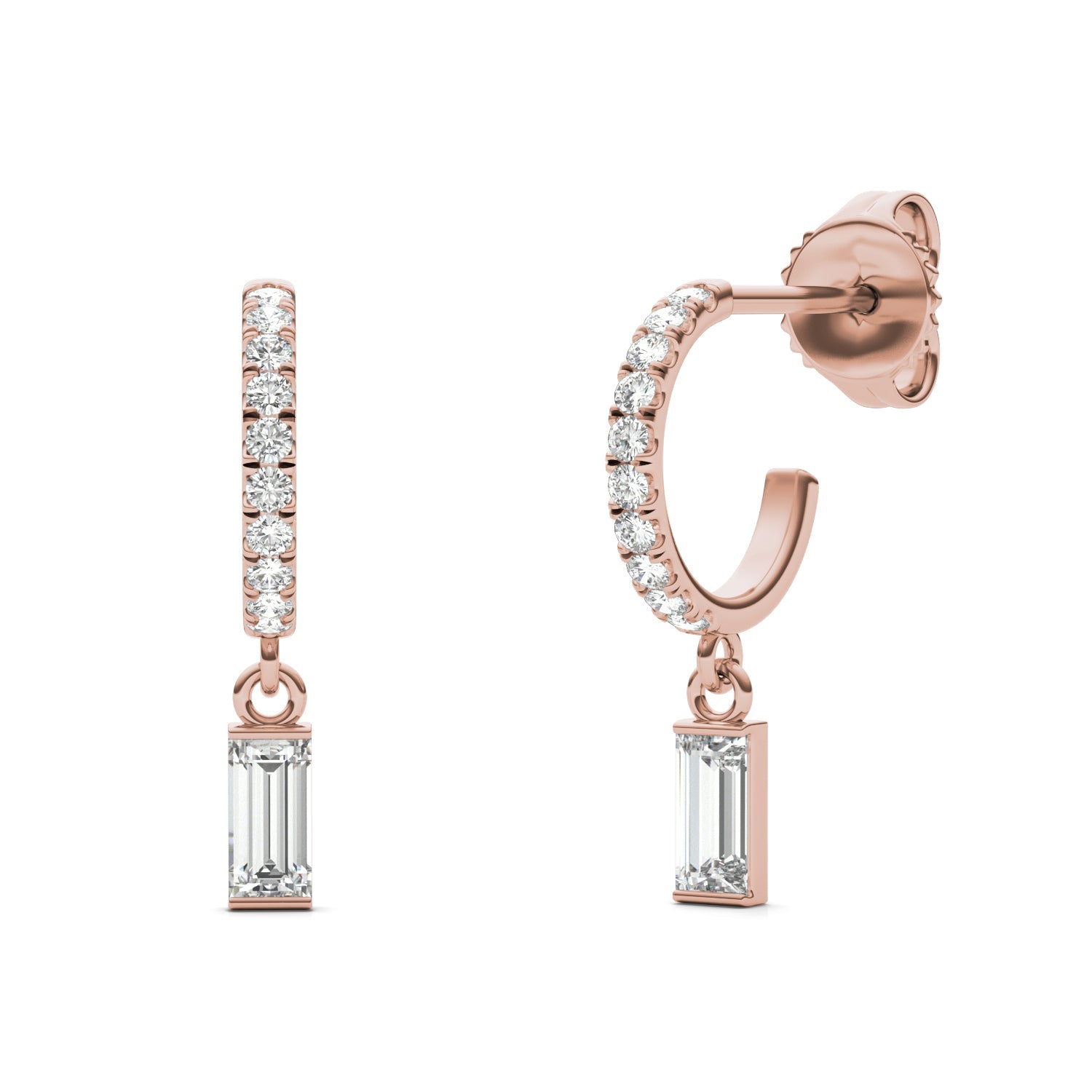 0.37 CTW DEW Straight Baguette Moissanite Huggie Drop Earrings in 14K Rose Gold