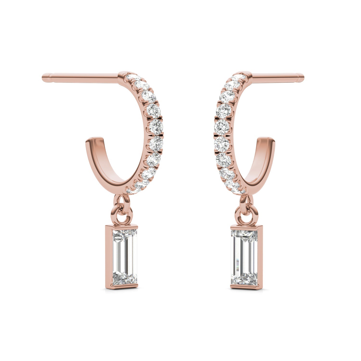 0.37 CTW DEW Straight Baguette Moissanite Huggie Drop Earrings in 14K Rose Gold