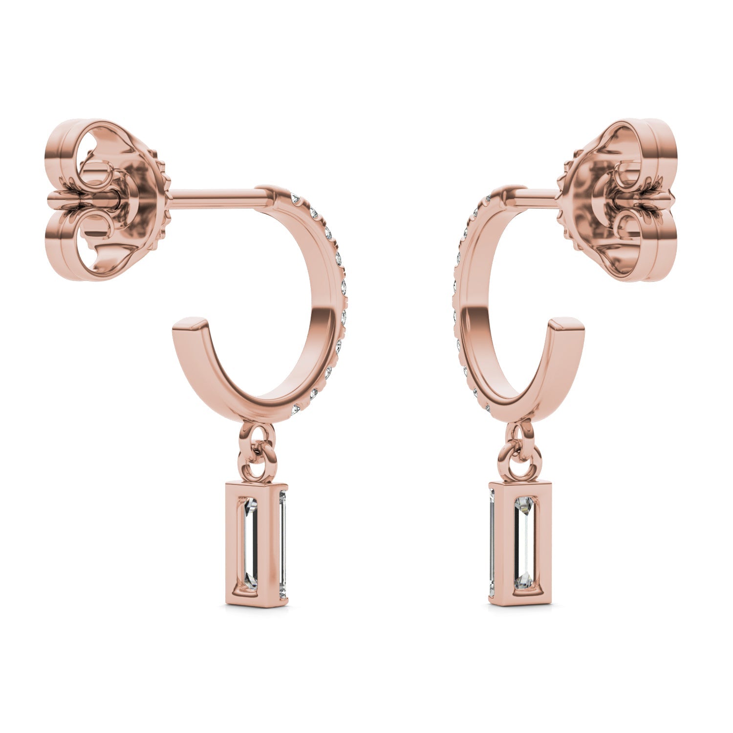 0.37 CTW DEW Straight Baguette Moissanite Huggie Drop Earrings in 14K Rose Gold