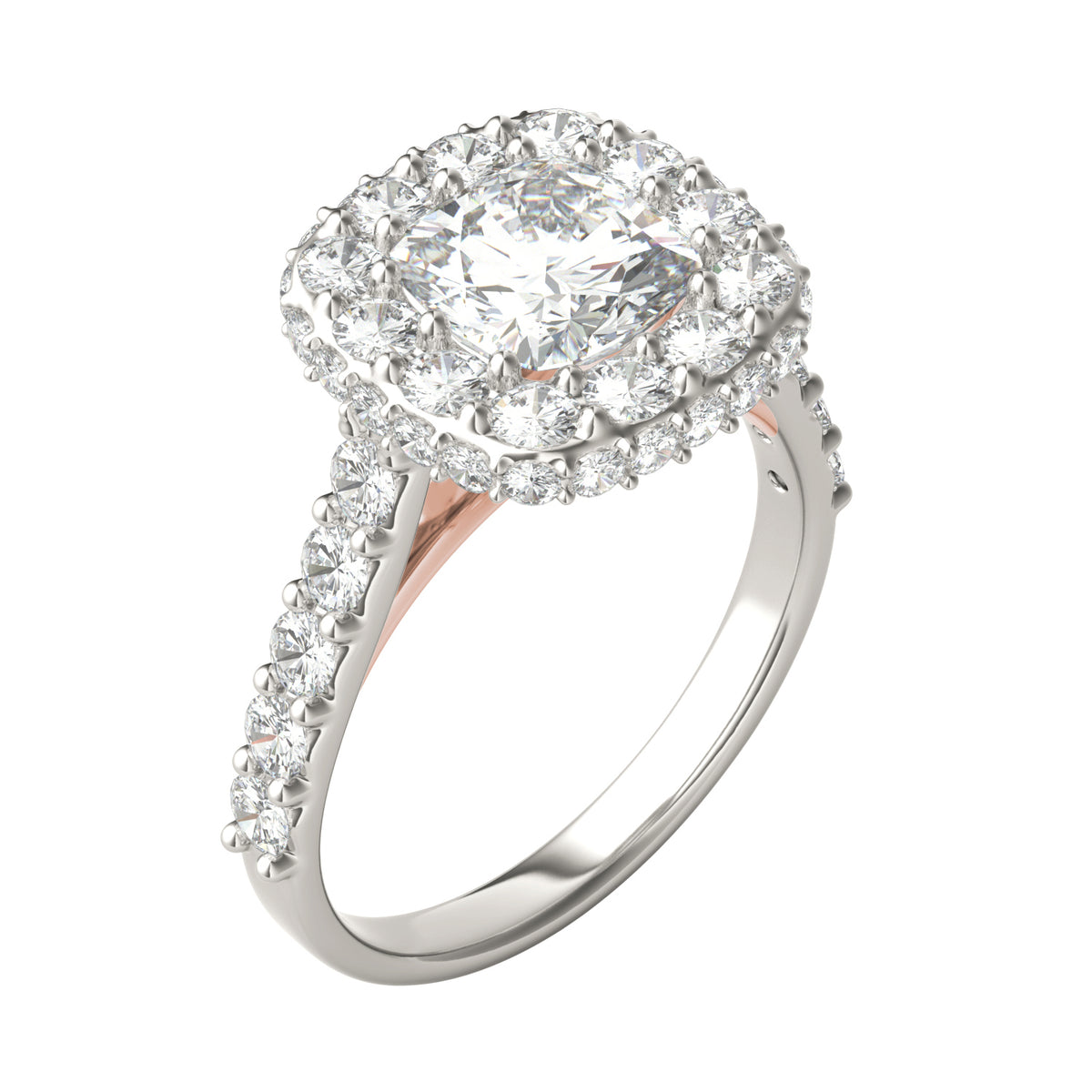 Forever Bright 3.34 CTW Moissanite Cushion Halo Engagement Ring in 14K Two-Tone