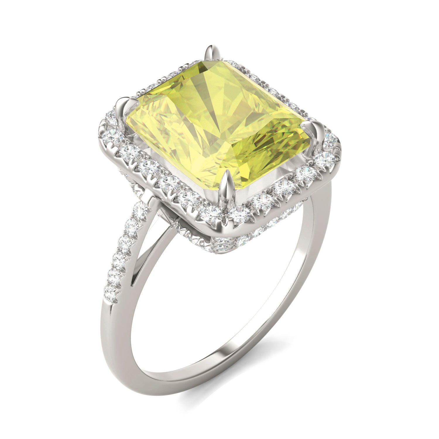 5.90 CTW DEW Radiant Yellow Moissanite Accented Ring in 14K White Gold