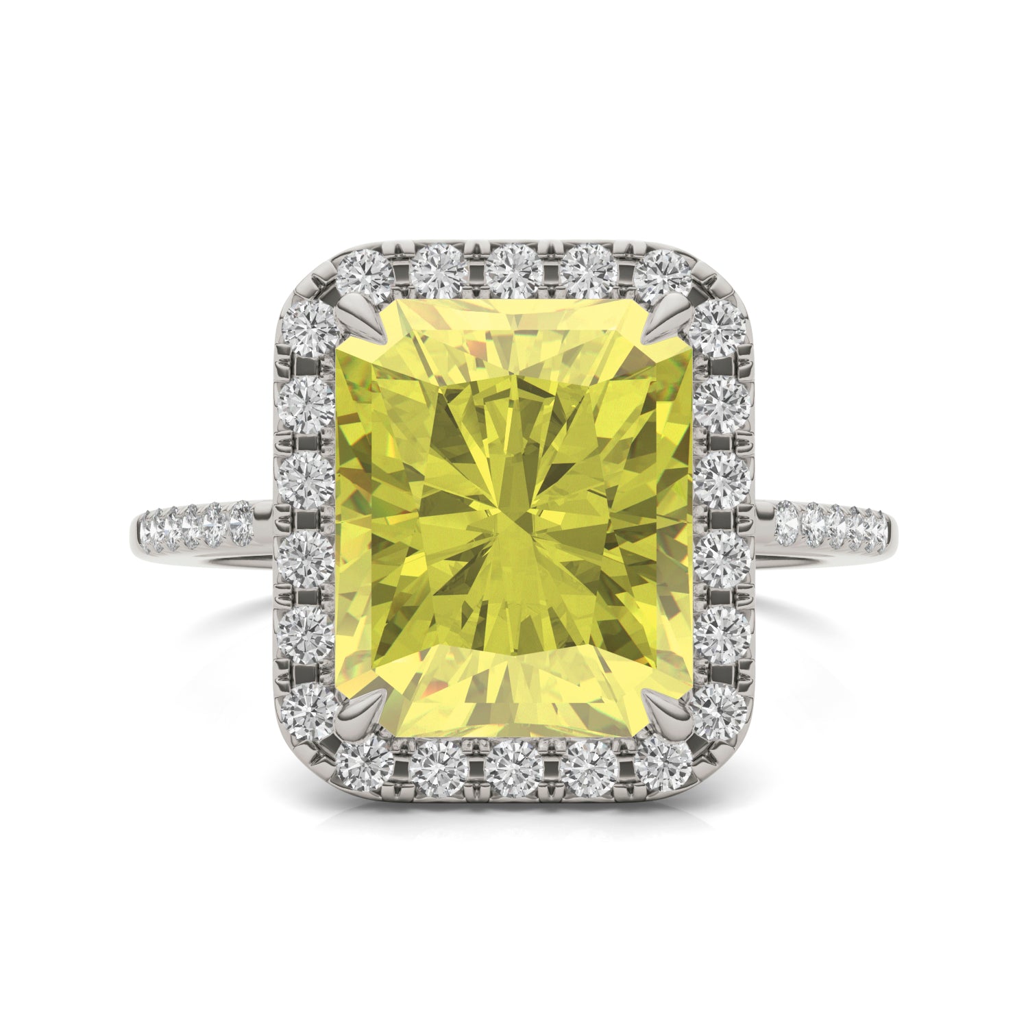 5.90 CTW DEW Radiant Yellow Moissanite Accented Ring in 14K White Gold