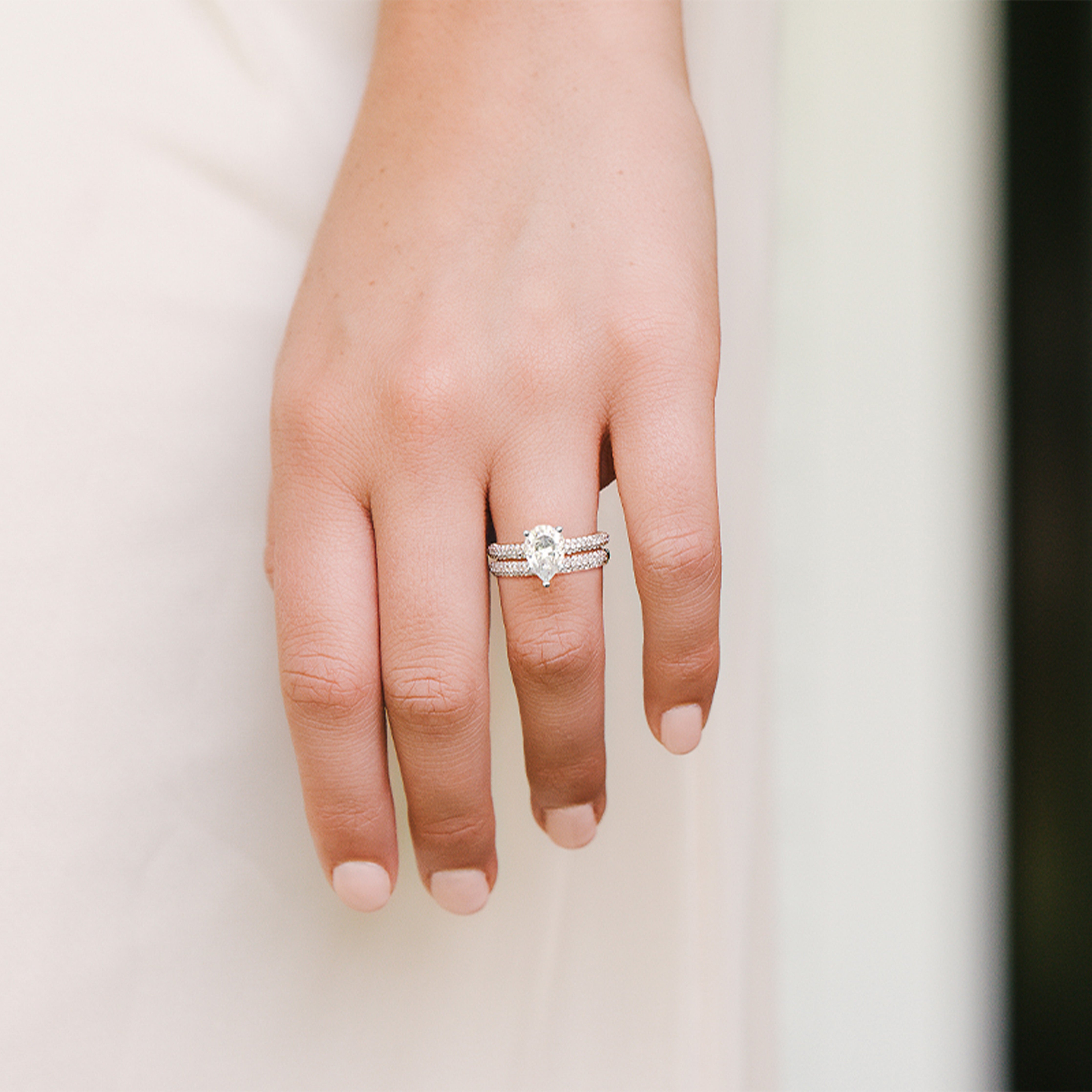 2.54 CTW DEW Pear Side-Stone Moissanite Bridal Set in 14K White Gold