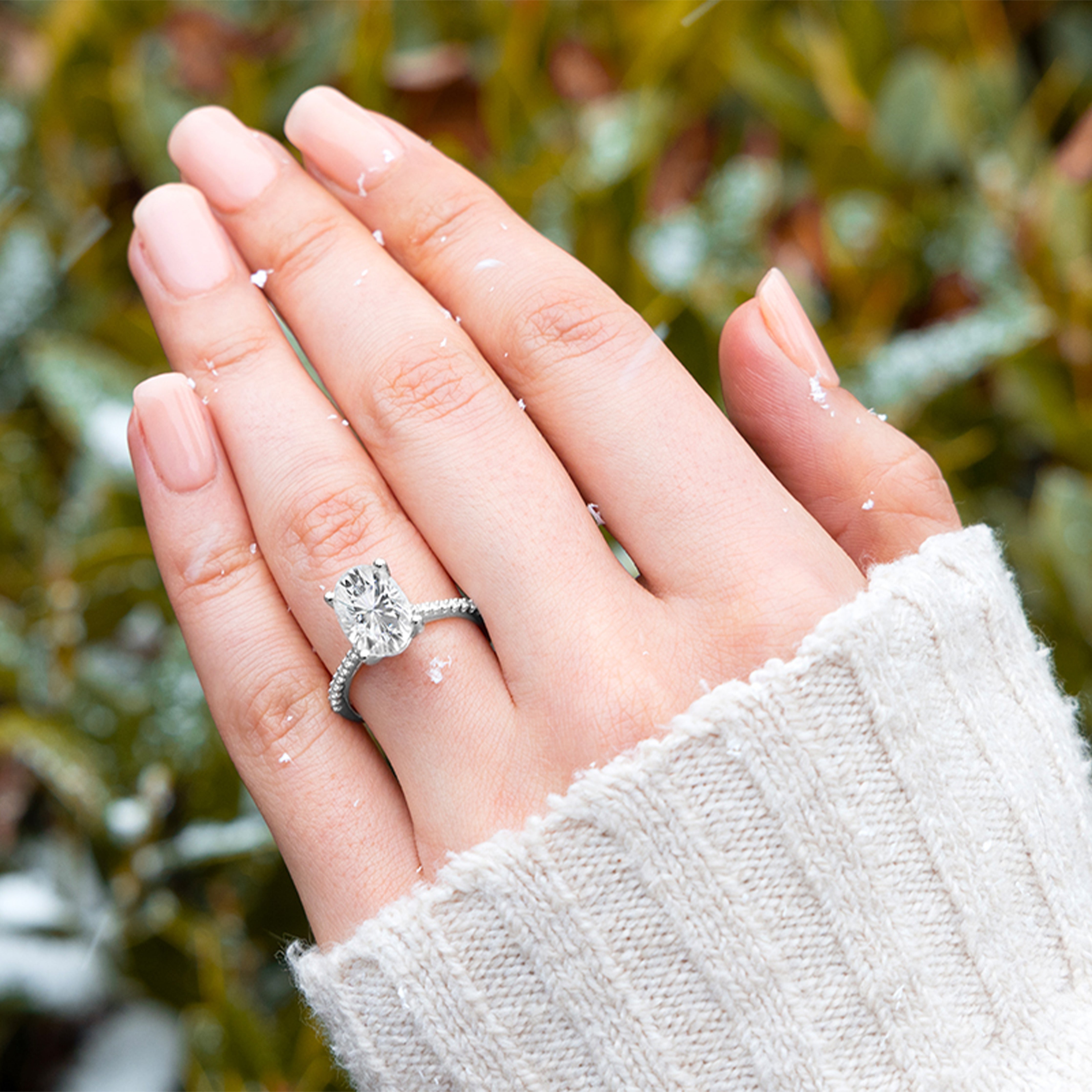 2.49 CTW DEW Elongated Oval Moissanite Engagement Ring in 14K White Gold