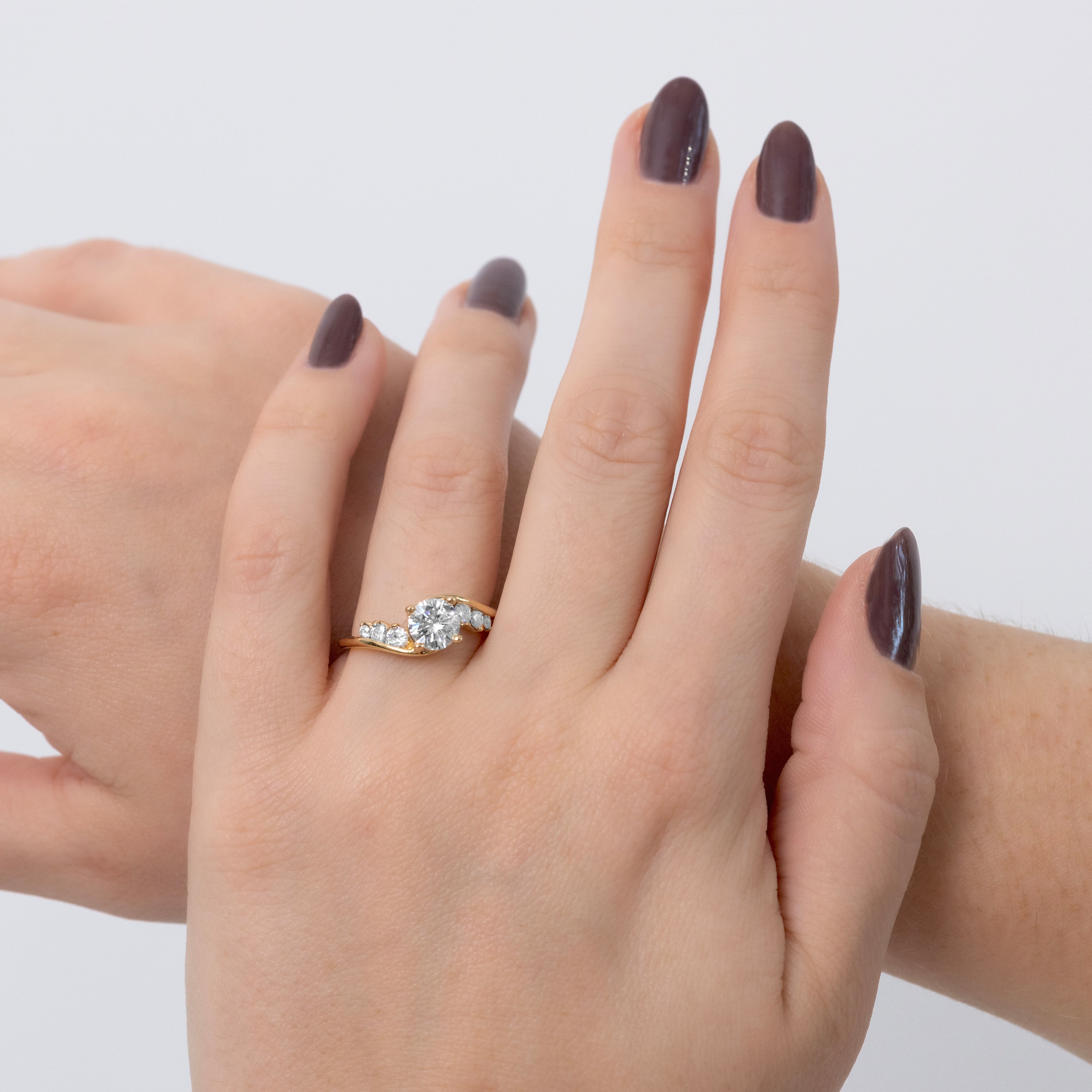 1.38 CTW DEW Round Moissanite Bypass Side-Stone Engagement Ring in 14K Yellow Gold