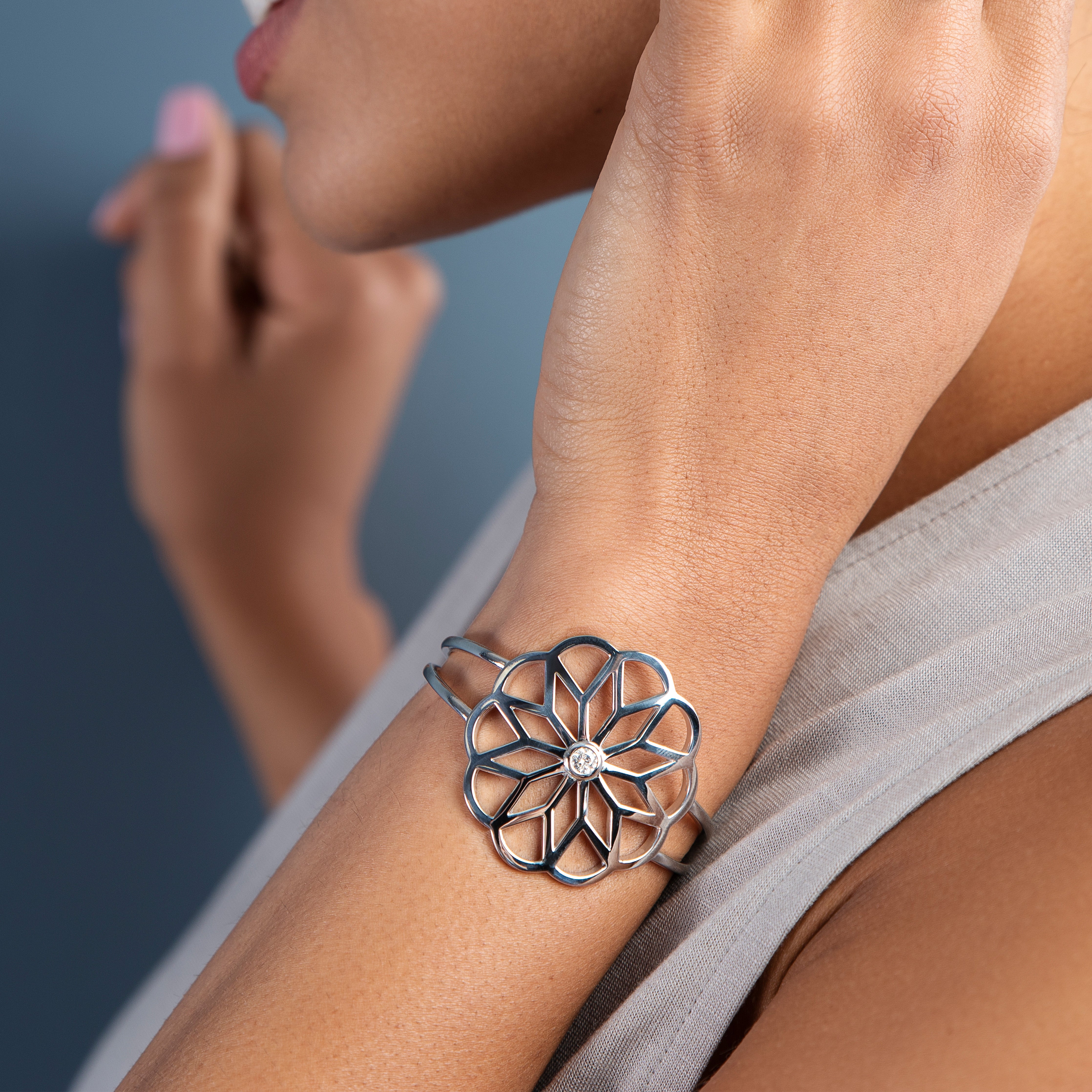 0.23 CTW DEW Moissanite Bezel Floral Cuff Bracelet in Sterling Silver