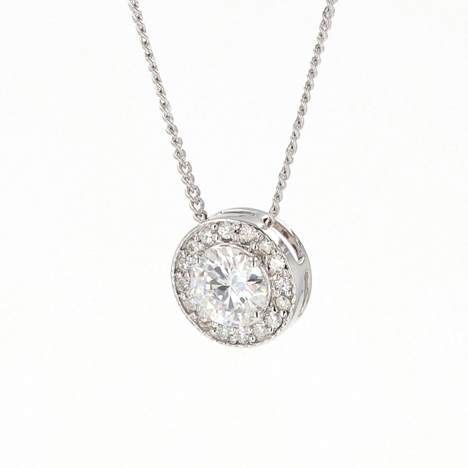 0.96 CTW DEW Round Moissanite Halo Pendant in Sterling Silver