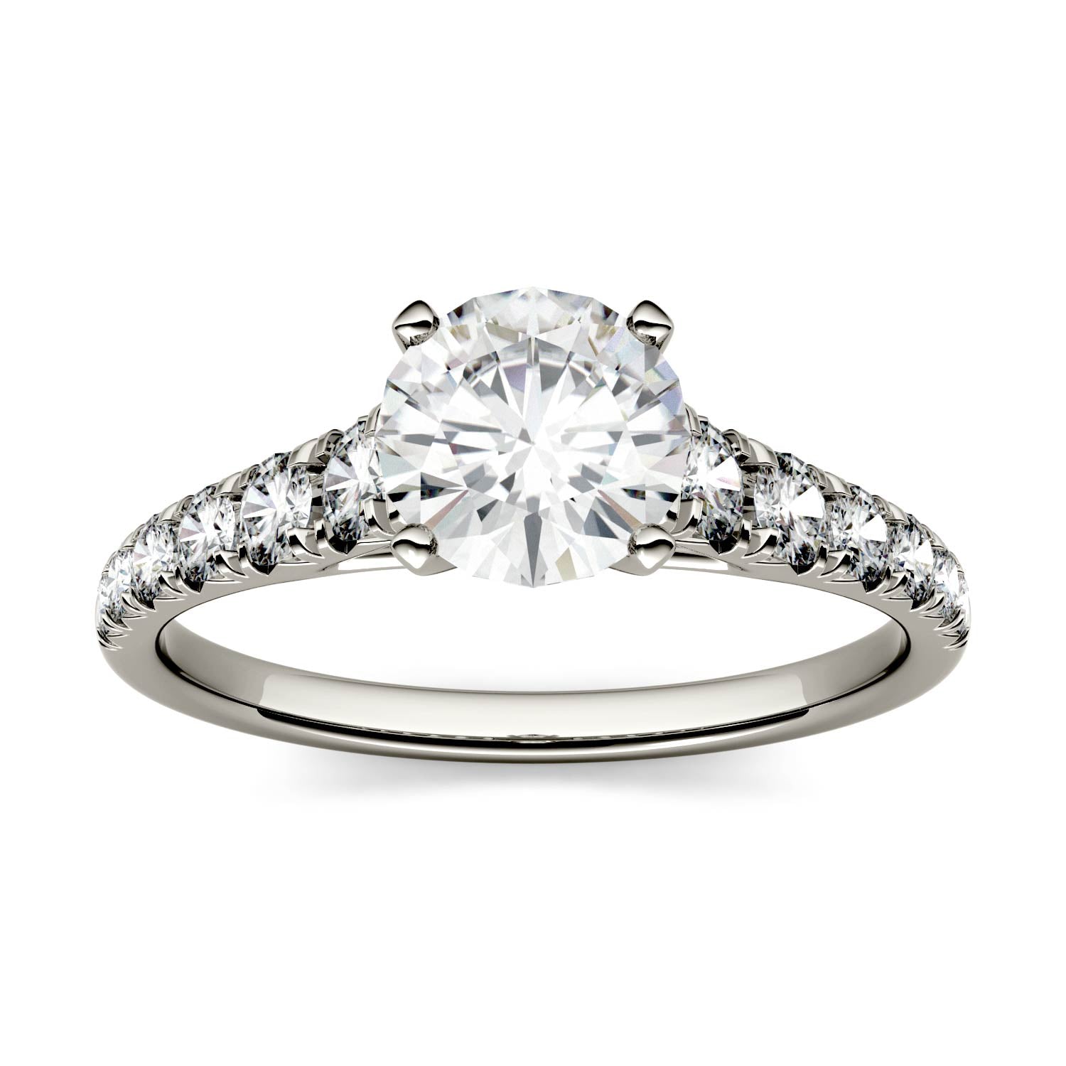 1.29 CTW DEW Round Moissanite Tapered Side-Stone Engagement Ring in 14K White Gold