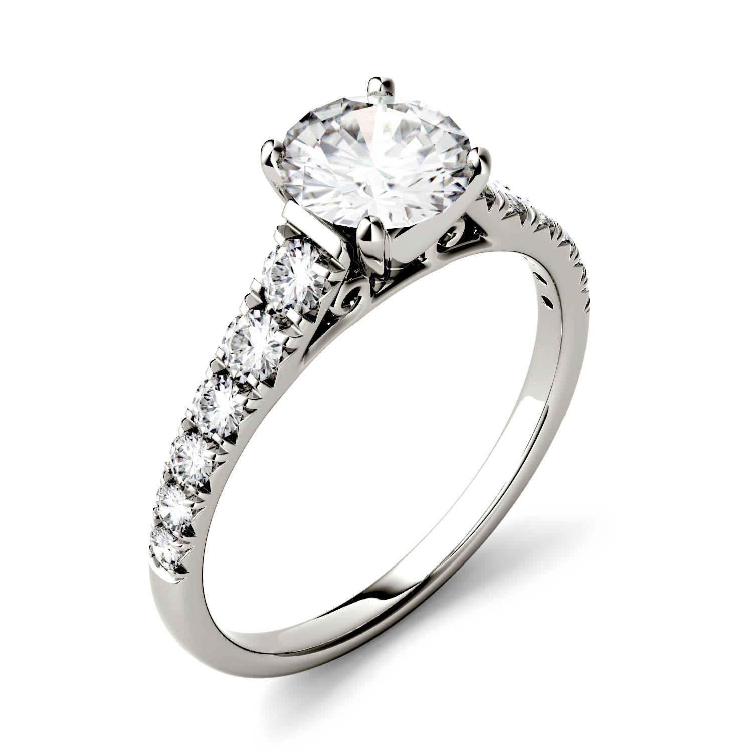 1.29 CTW DEW Round Moissanite Tapered Side-Stone Engagement Ring in 14K White Gold