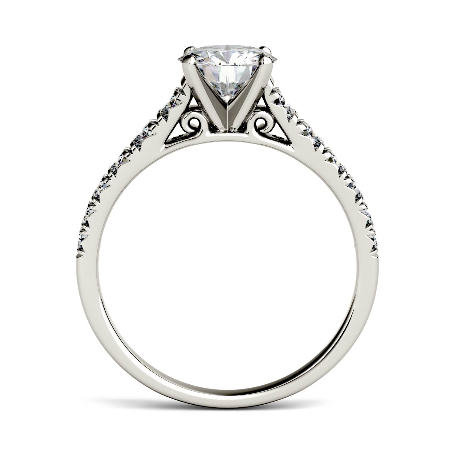 1.29 CTW DEW Round Moissanite Tapered Side-Stone Engagement Ring in 14K White Gold