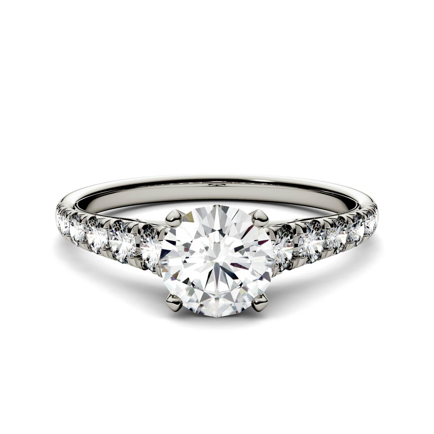 1.29 CTW DEW Round Moissanite Tapered Side-Stone Engagement Ring in 14K White Gold