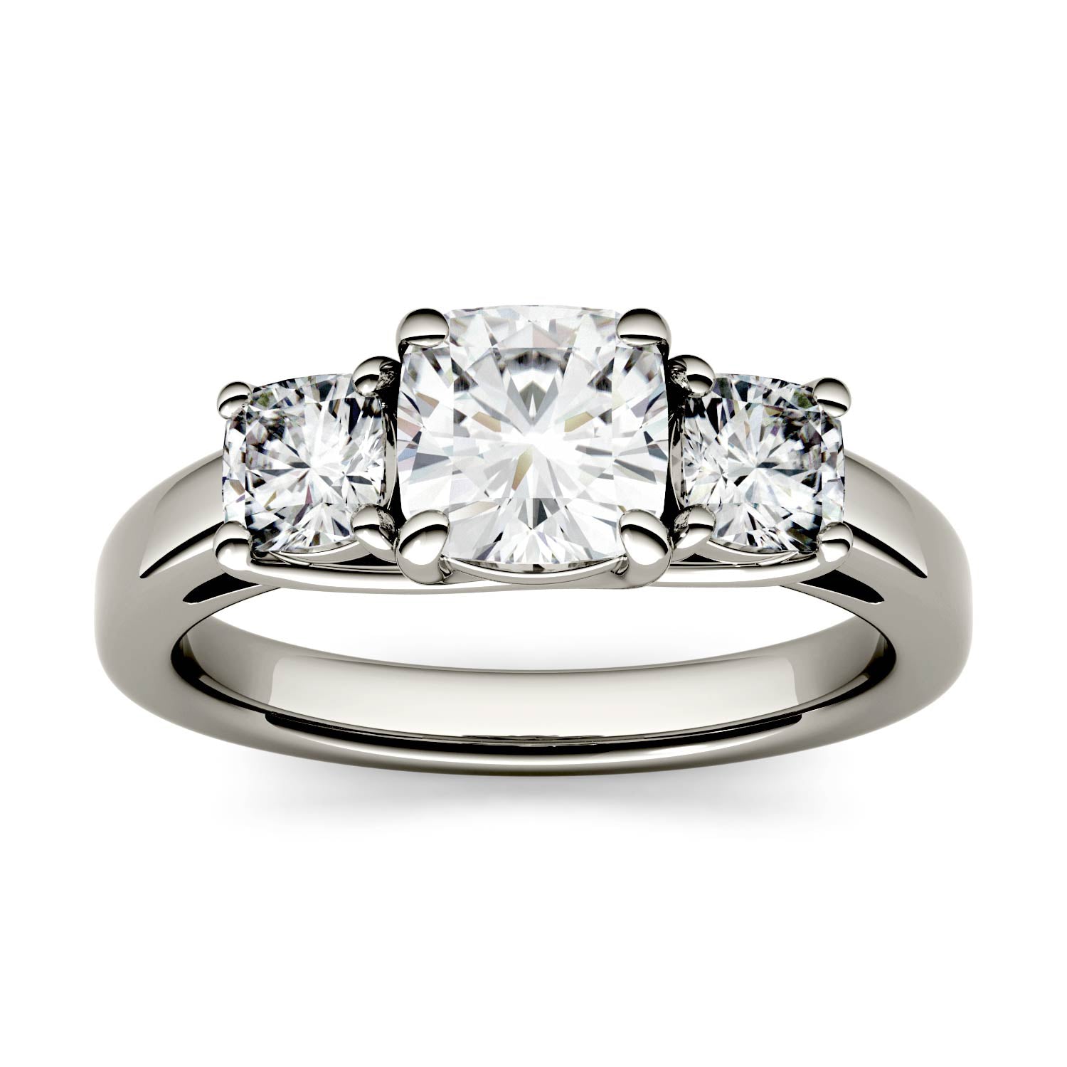 1.76 CTW DEW Cushion Moissanite Three-Stone Ring in 14K White Gold