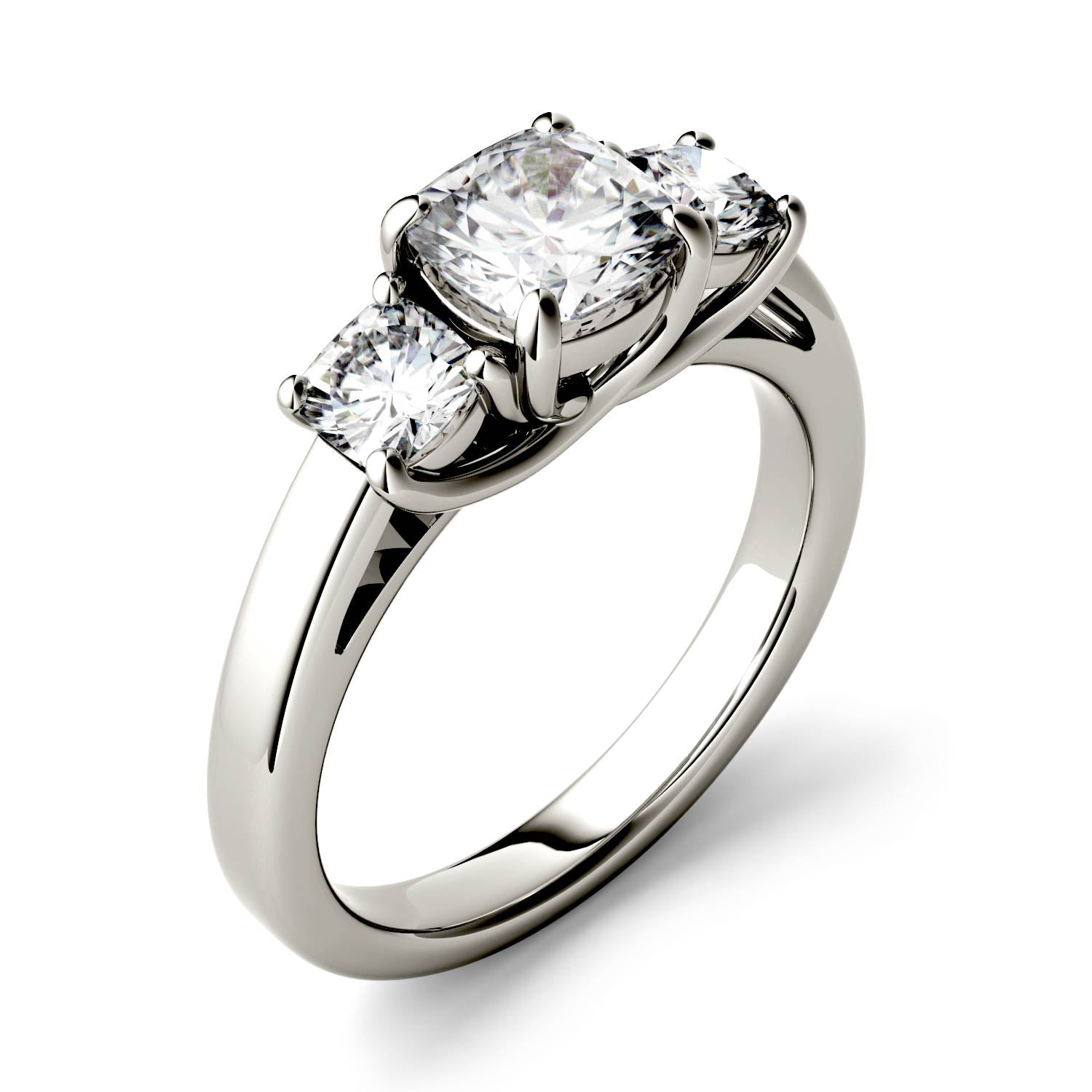 1.76 CTW DEW Cushion Moissanite Three Stone Ring in 14K White Gold