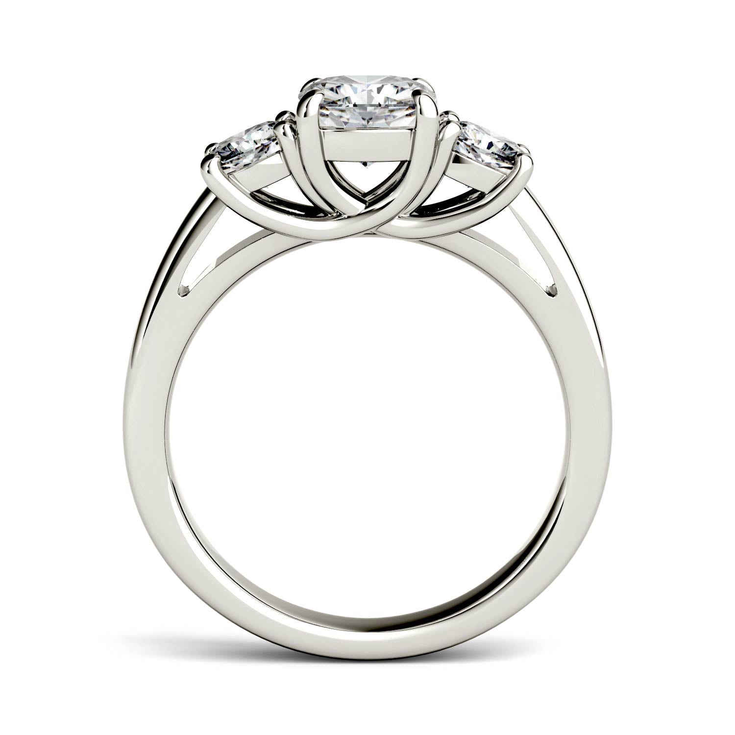 1.76 CTW DEW Cushion Moissanite Three Stone Ring in 14K White Gold