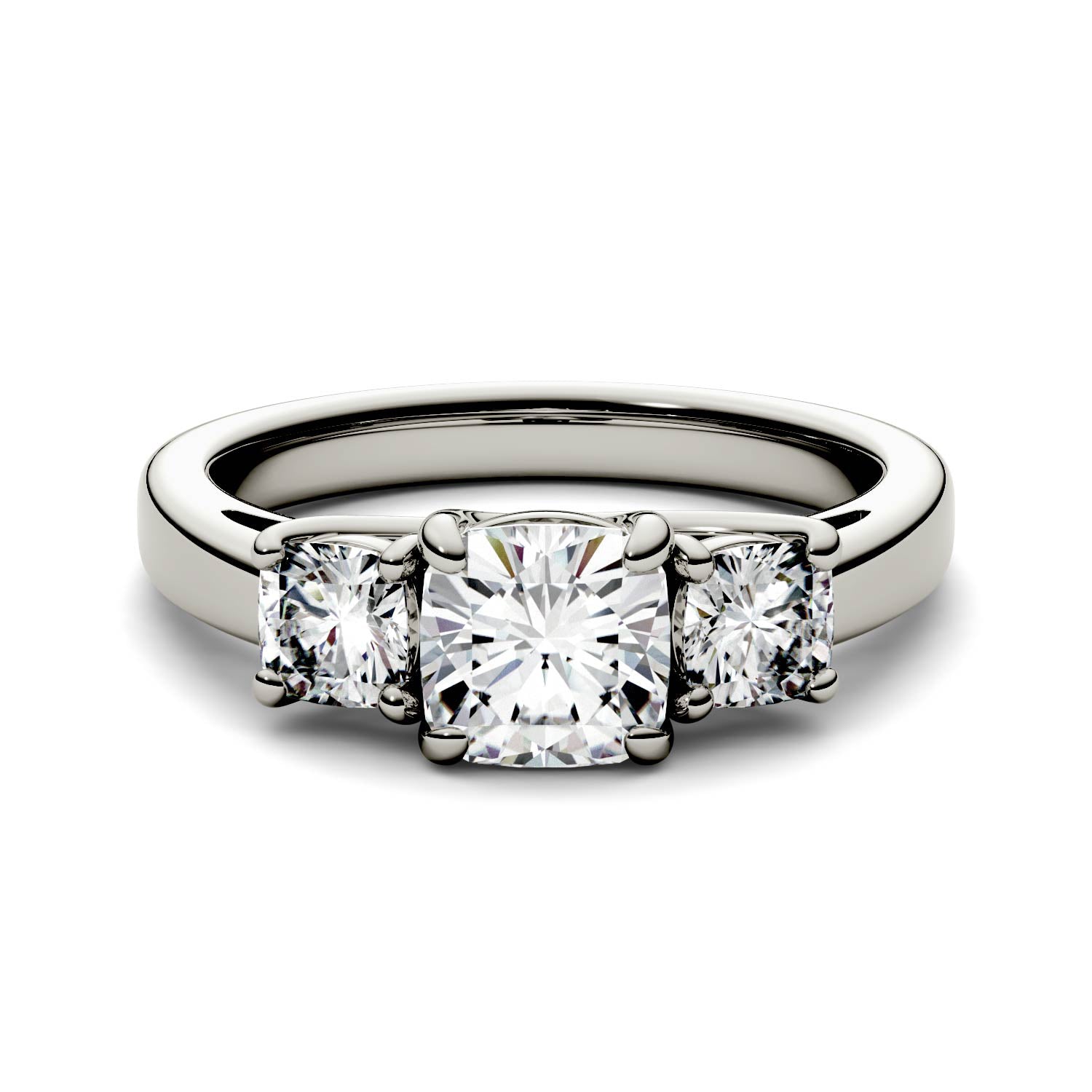 1.76 CTW DEW Cushion Moissanite Three-Stone Ring in 14K White Gold