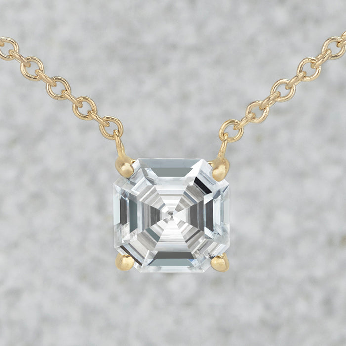 2.21 CTW DEW Asscher Near-Colorless Moissanite Solitaire Pendant in 14K Yellow Gold
