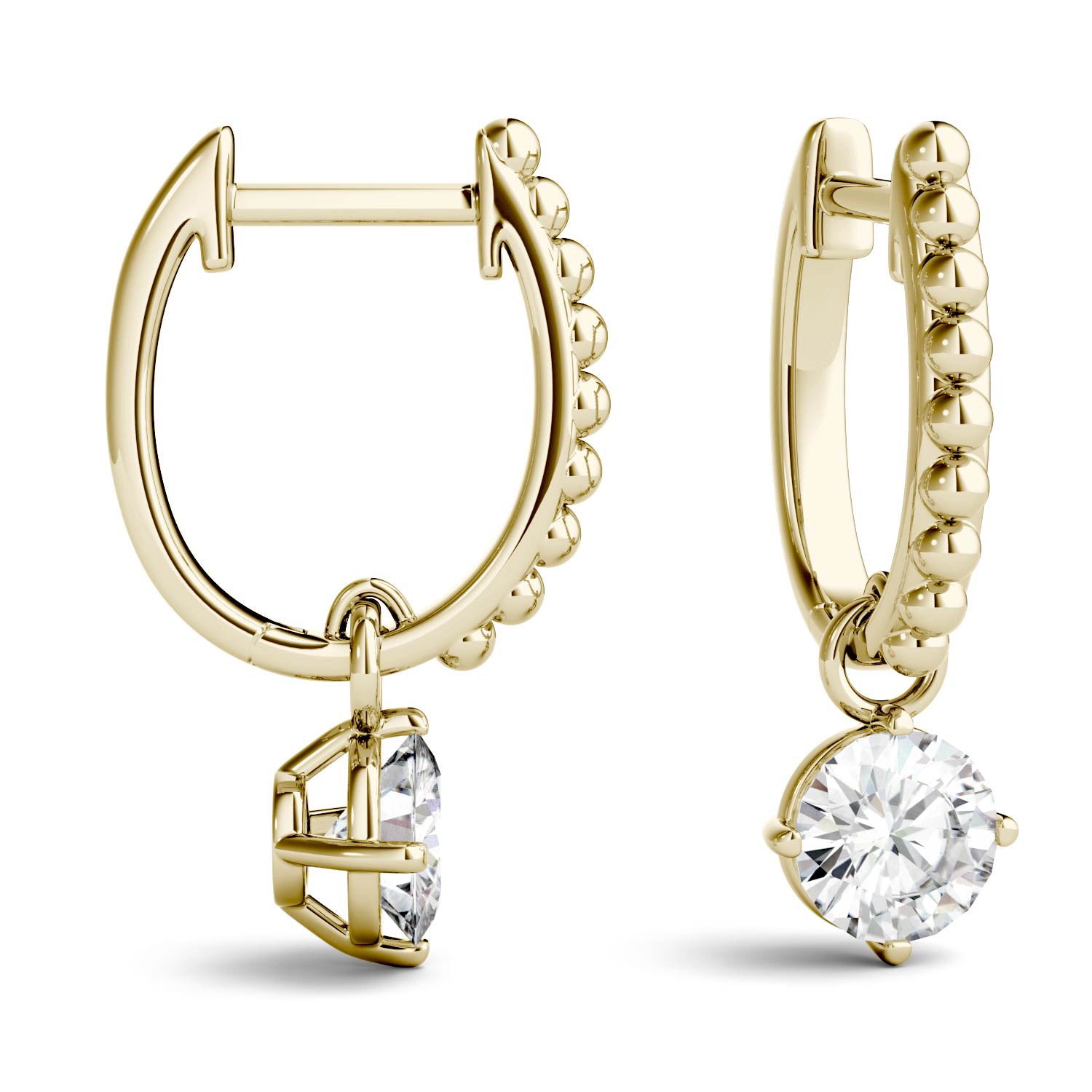 1.00 CTW DEW Round Moissanite Hoop Drop Earrings in 14K Yellow Gold