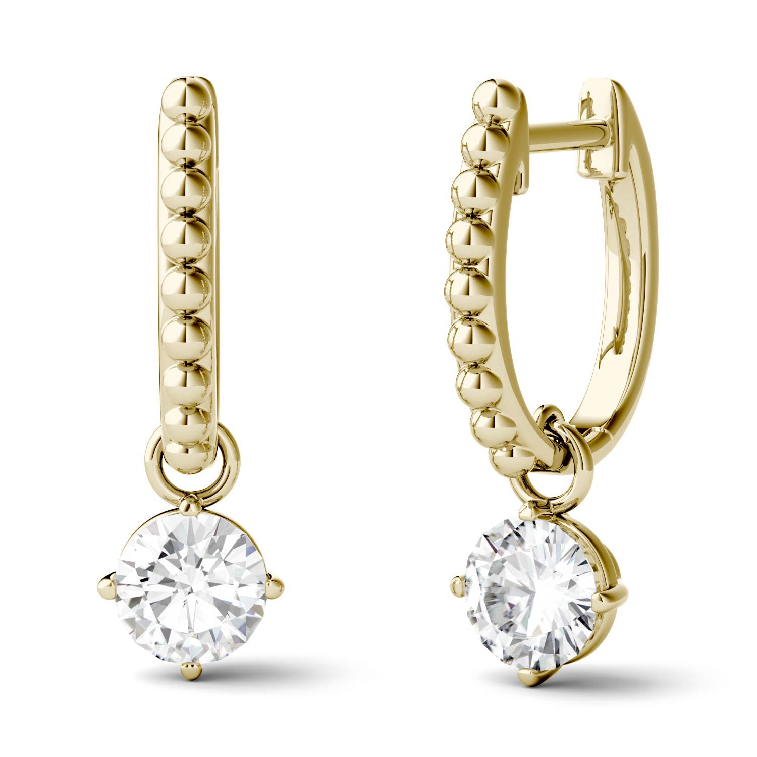 1.00 CTW DEW Round Moissanite Hoop Drop Earrings in 14K Yellow Gold