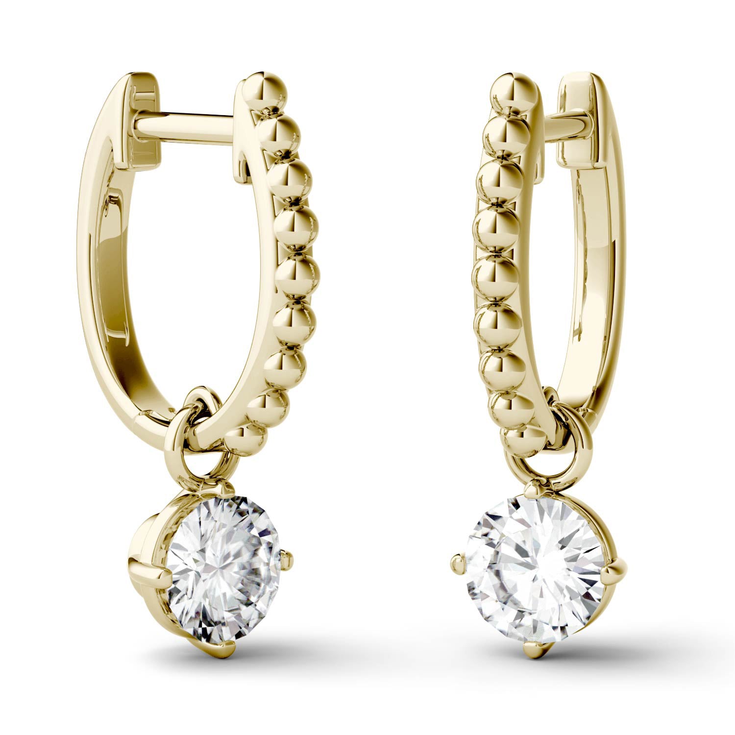 1.00 CTW DEW Round Moissanite Hoop Drop Earrings in 14K Yellow Gold